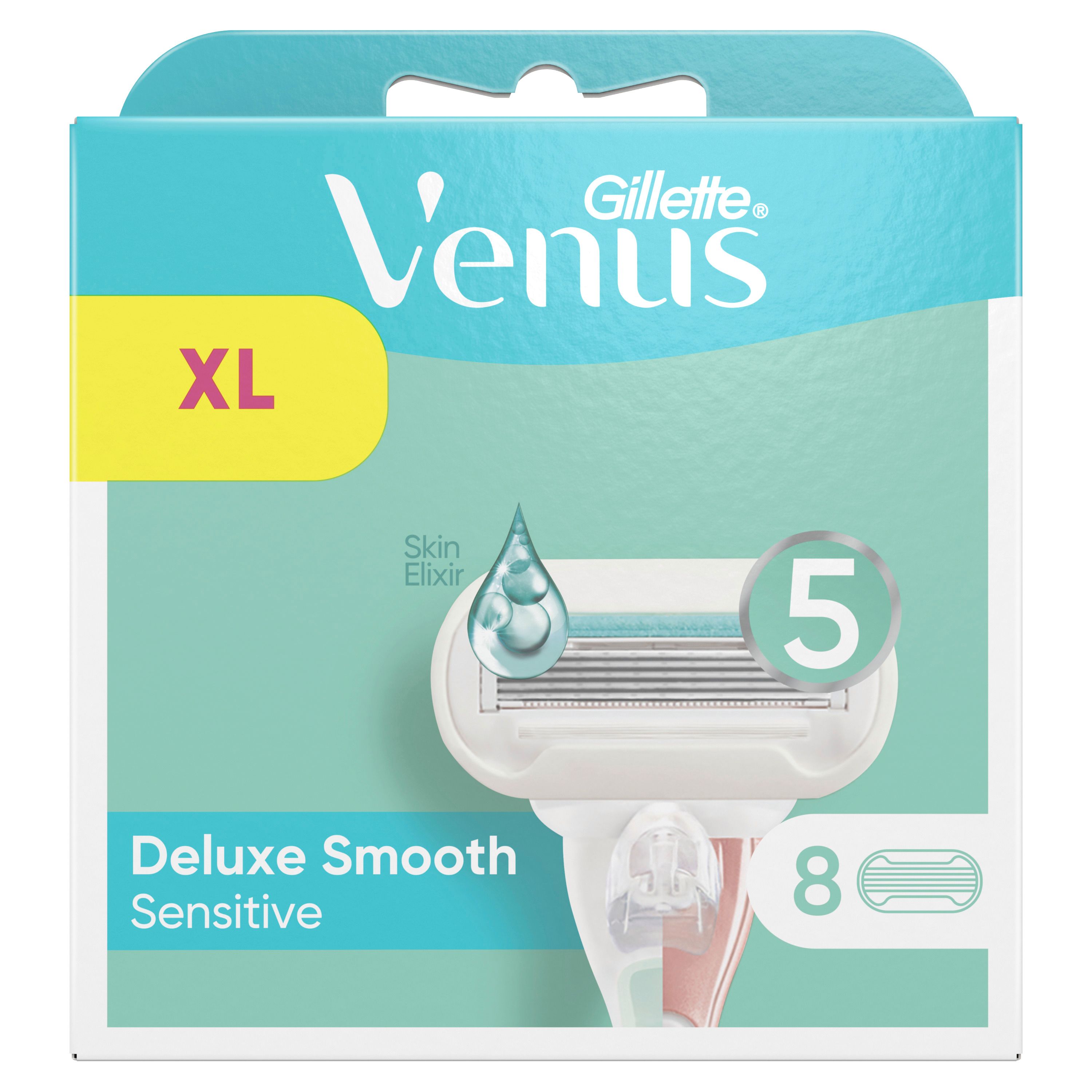Verpackung mit Ersatzklingen für Rasierer. Aufschrift: Gillette Venus, Deluxe Smooth Sensitive. Enthält 5 Klingen und 8 Ersatzklingen.