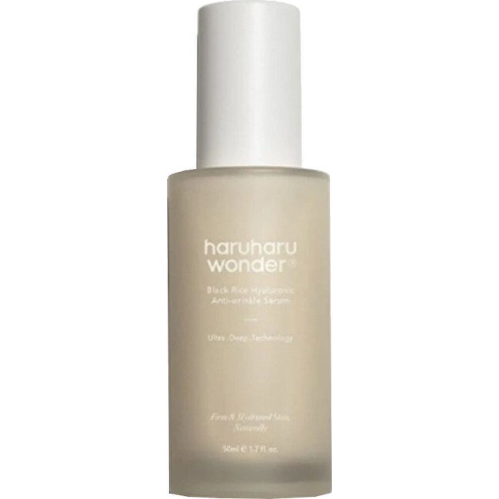 HaruHaru Wonder Serumflasche, mattes Glas, weiße Kappe. Text: 'Black Rice Hyaluronic Anti-wrinkle Serum'.
