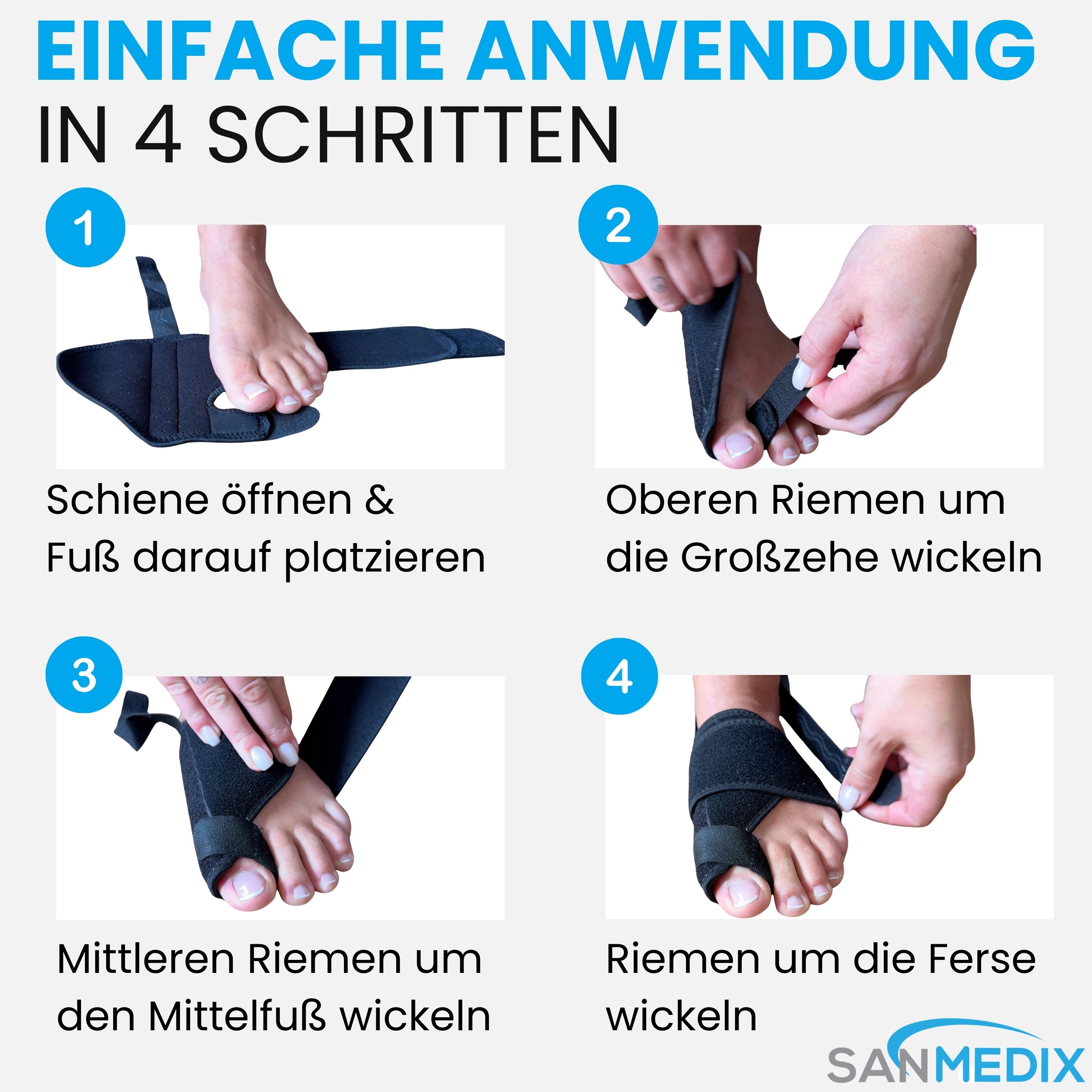 Anwendung in 4 Schritten. Illustrationen zeigen das Anlegen der Schiene. Sanmedix Logo.