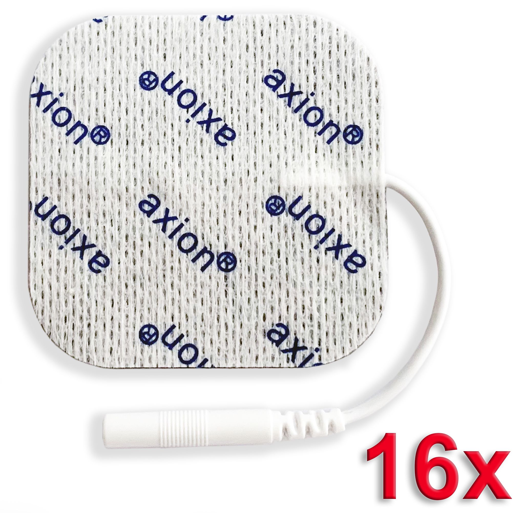 Elektrodepad met kabel en stekker. Tekst: 16x. axion logo.