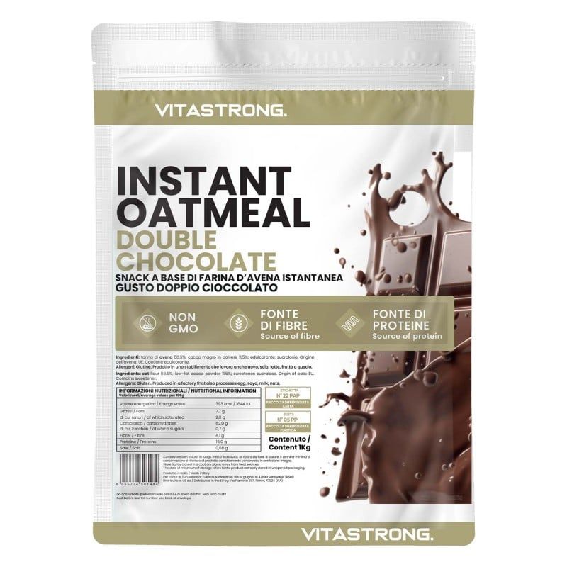 Vitastrong Instant Oatmeal - Double Choco in Beutel. Produktabbildung mit Schokoladen-Illustration.