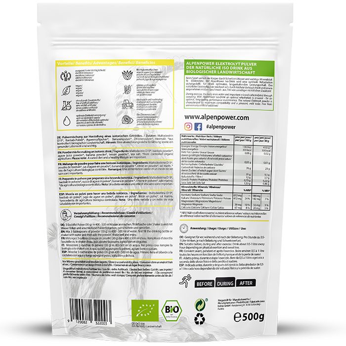 Beutel mit AlpenPower Bio Iso Drink. Aufdruck: Bio-Siegel, Nährwertangaben, Text. Rückseite mit Inhaltsangaben und Gebrauchsanweisung.