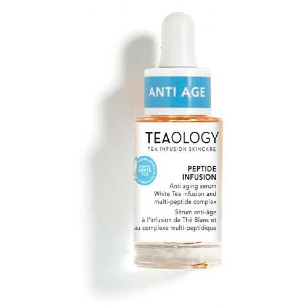 Teology Peptide Infusion Anti-Aging Serum in Glasflasche mit Pipette. Enthält weißen Tee und Multi-Peptid-Komplex. Mit Siegel 'White Tea'.