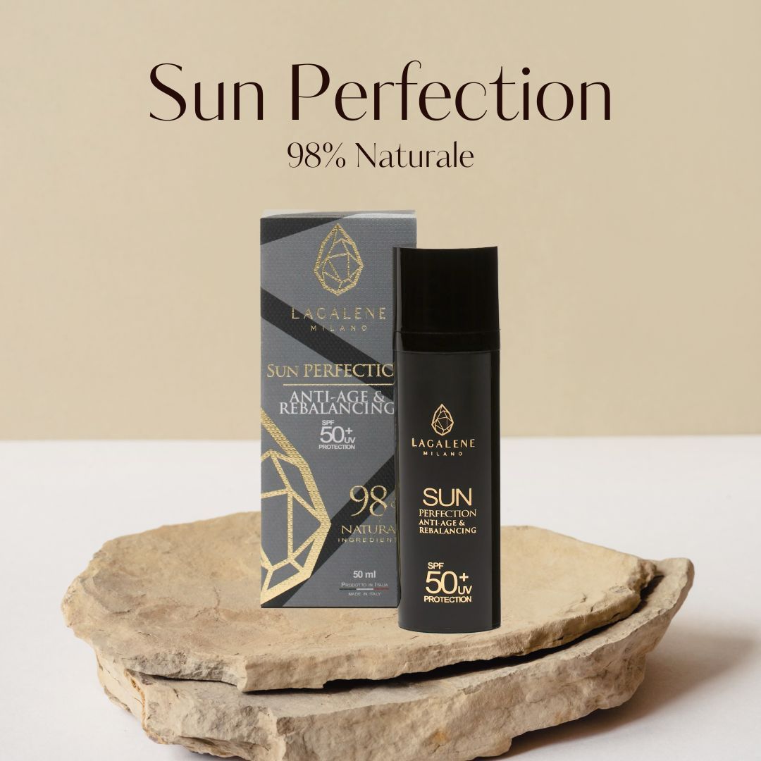 Lagalene Milano Sun Perfection Flasche und Schachtel. Text: SPF 50+ und 98% Natural.