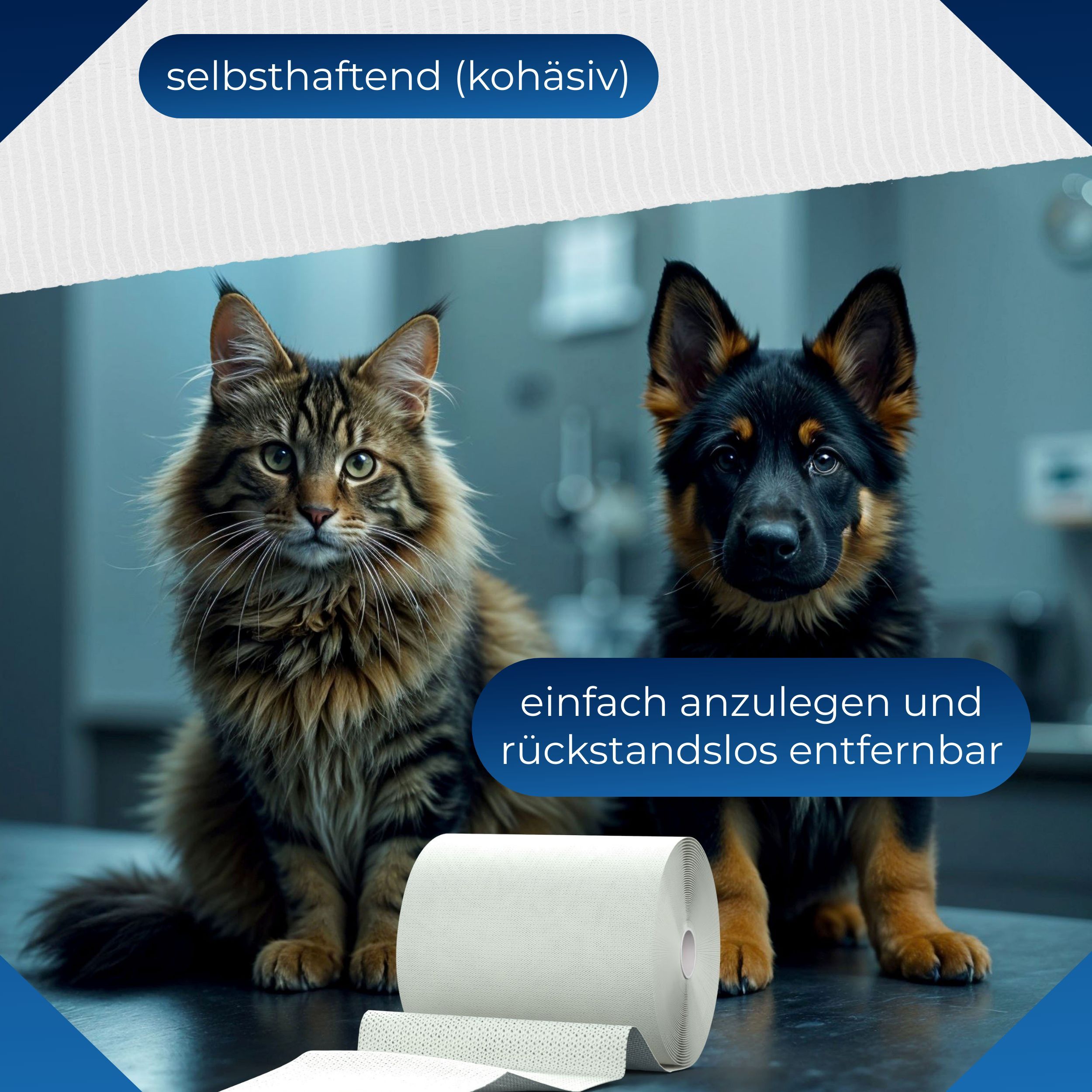 Fixierbinde-Rolle, weiß. Text: 'selbsthaftend (kohäsiv)'. Katze und Hund neben Rolle.