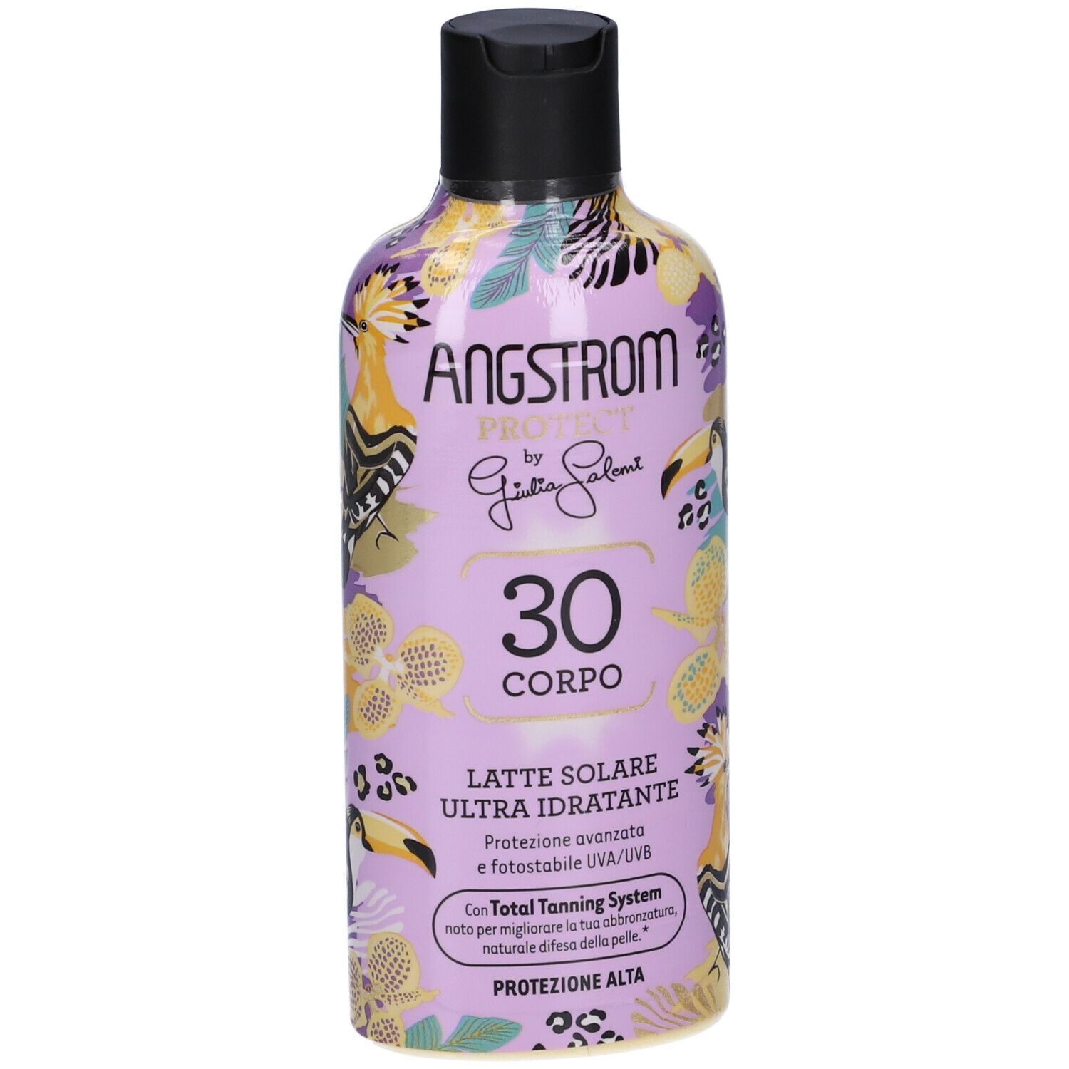 Flacone Angstrom Protect, SPF 30, design floreale. Tappo nero, testo.