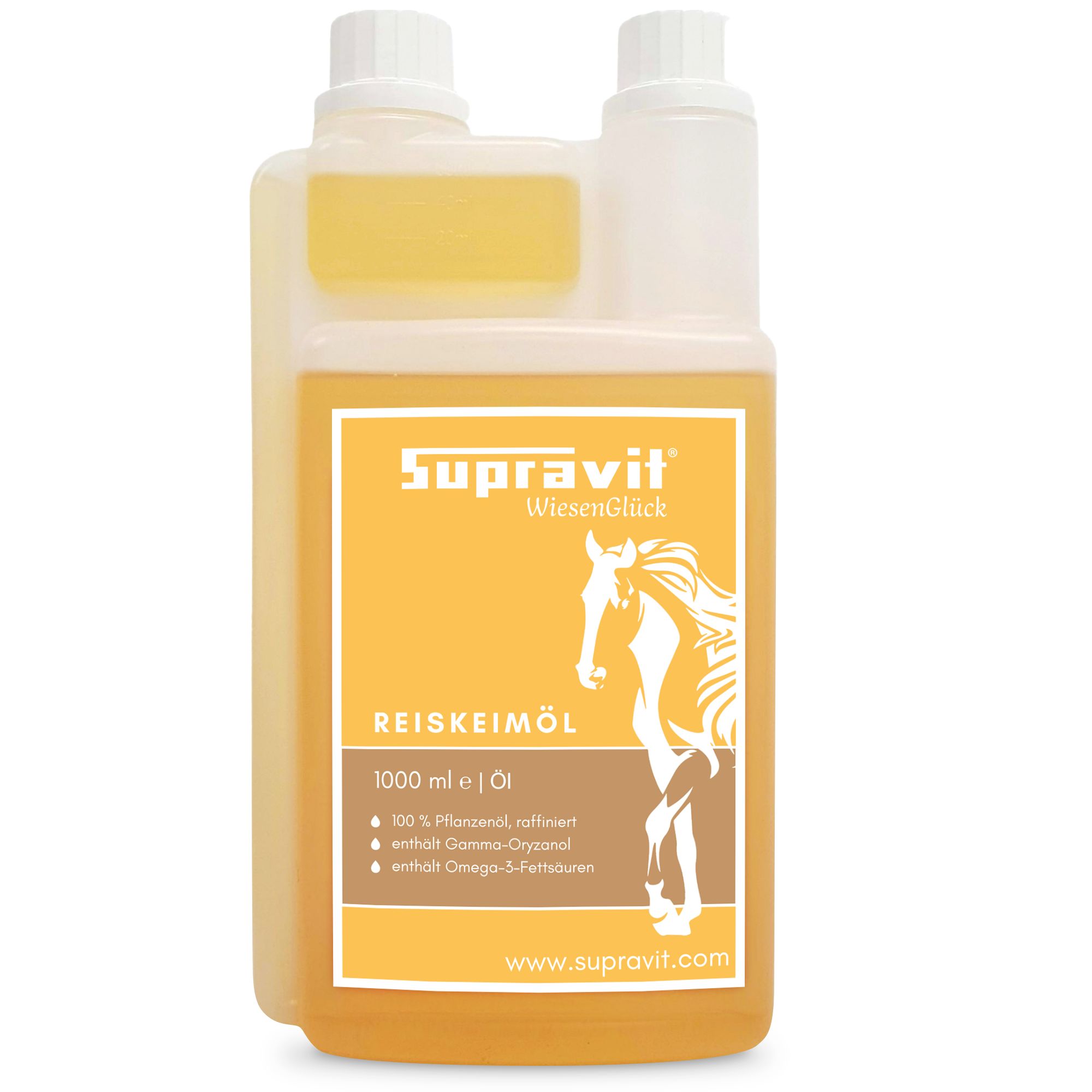 Flasche mit gelbem Öl. Etikett mit Logo und Text. Text: Reiskeimöl, 100% pflanzlich, enthält Gamma-Oryzanol, Omega-3-Fettsäuren.