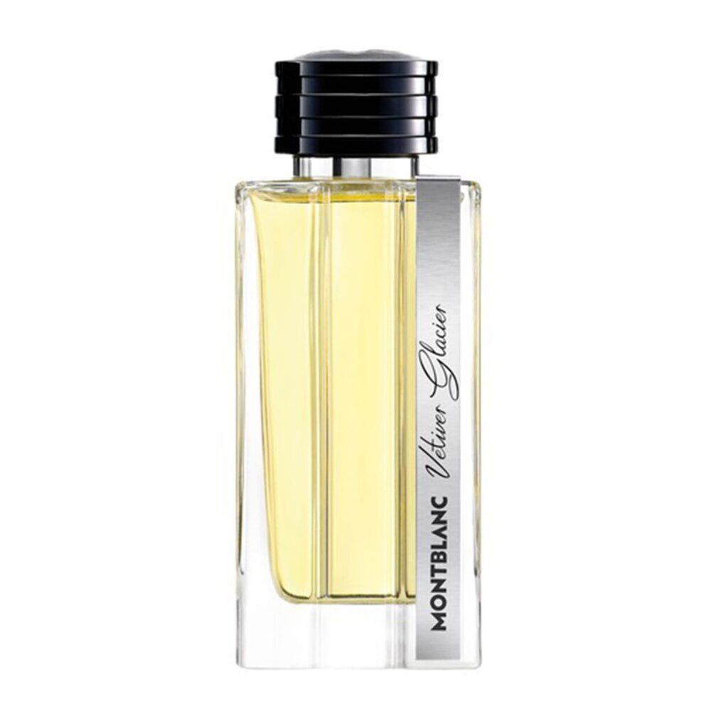 Montblanc Vetiver Glacier Eau de Parfum Flakon mit silbernem Etikett.