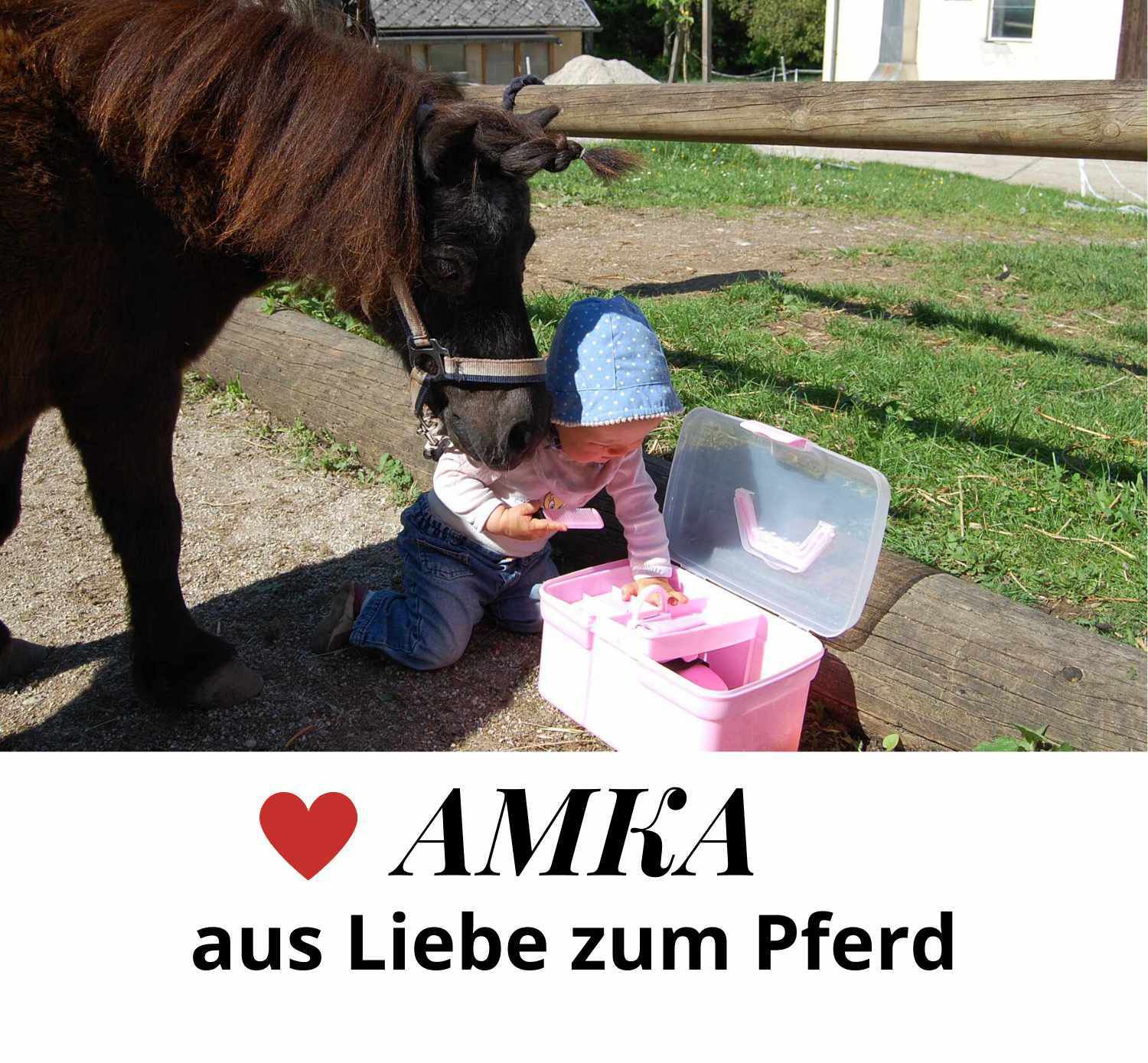 Ein Kind kniet neben einem Pony und öffnet eine rosa AMKA Putzbox LINA. Auf dem Bild steht "AMKA aus Liebe zum Pferd" mit einem roten Herz.