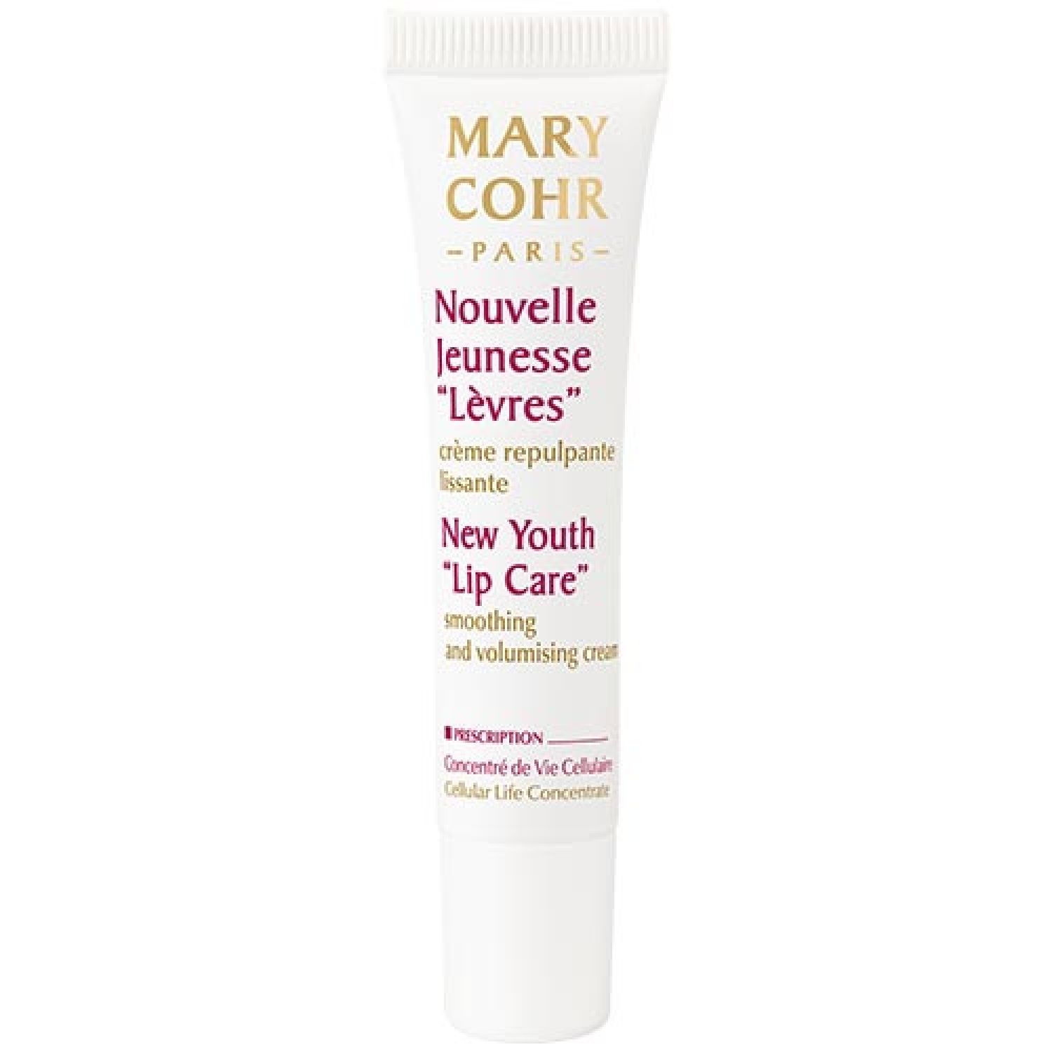 Weiße Tube mit Aufschrift MARY COHR PARIS, Nouvelle Jeunesse "Lèvres" und New Youth "Lip Care".