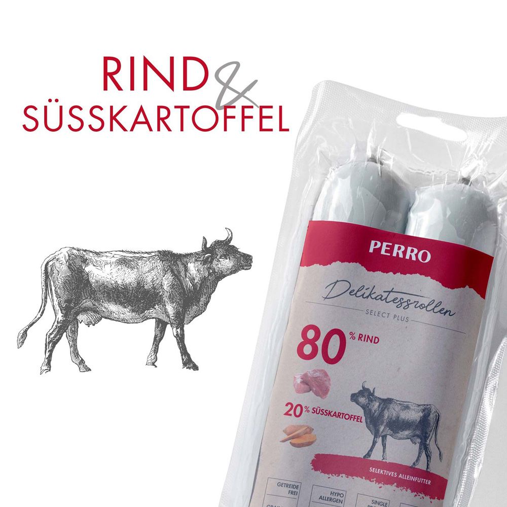 Verpackung mit zwei Wurstrollen. Aufdruck mit Produktnamen, Inhaltsangaben und Kuh-Illustration.