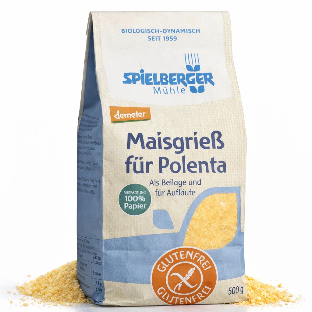 Spielberger Maisgrieß für Polenta, glutenfrei, 500g Packung mit verstreutem Grieß.