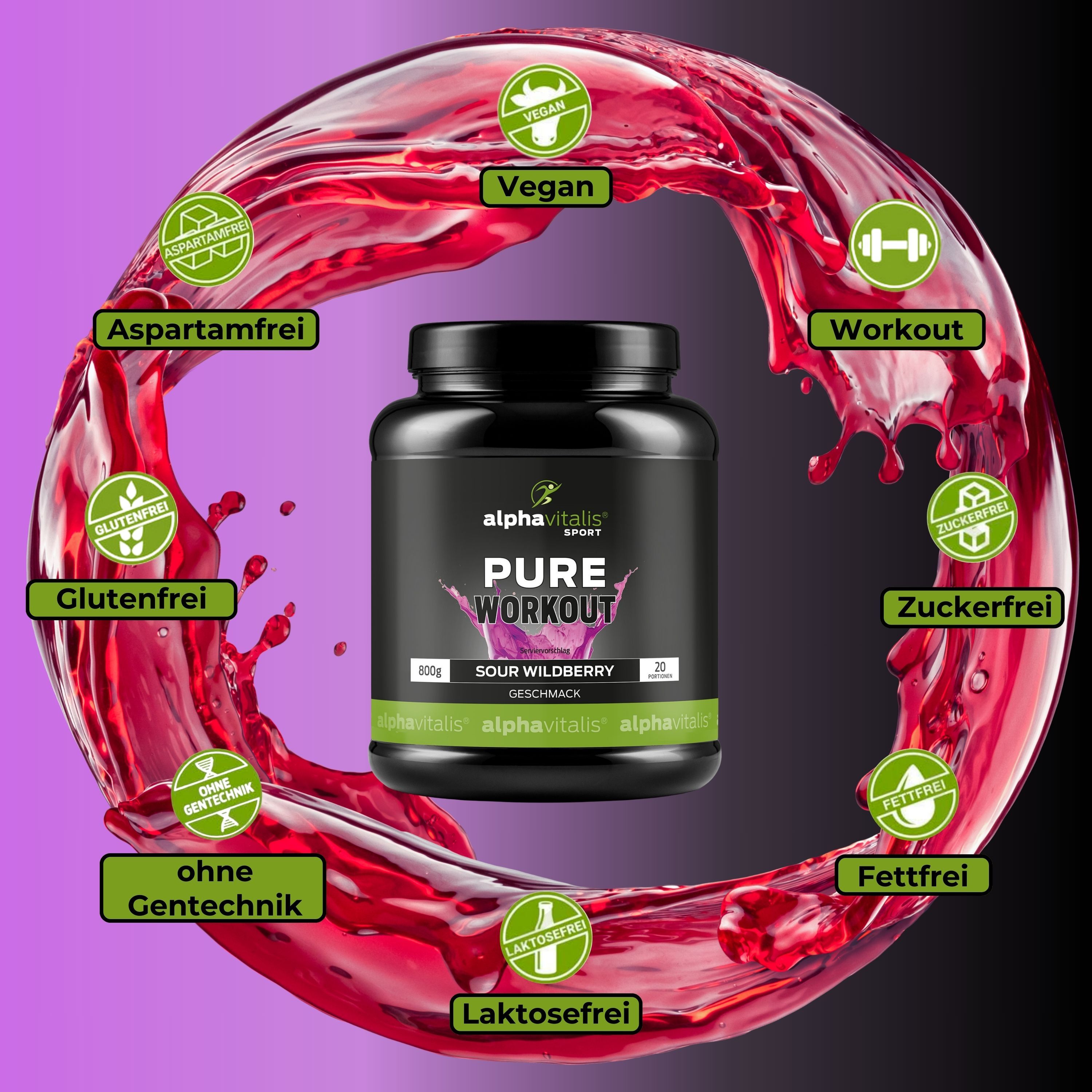 Schwarze Dose Pure Workout mit Text und Logos. Umgeben von farbigen Symbolen: Vegan, Glutenfrei, etc.