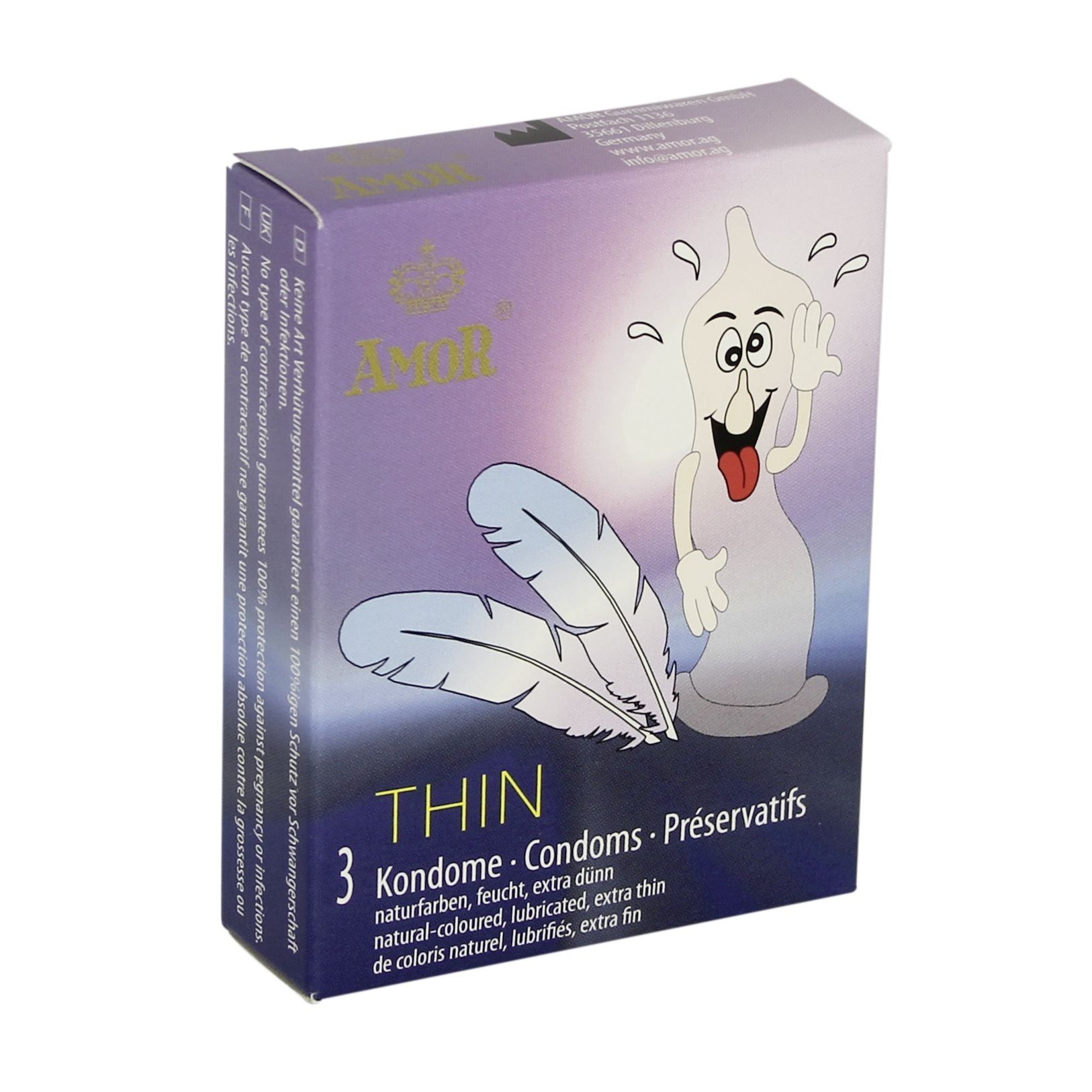 Schachtel mit Amor Thin Kondomen. 3 Stück. Illustration: Feder und Comic-Kondom. Text: natural-coloured, lubricated, extra thin.