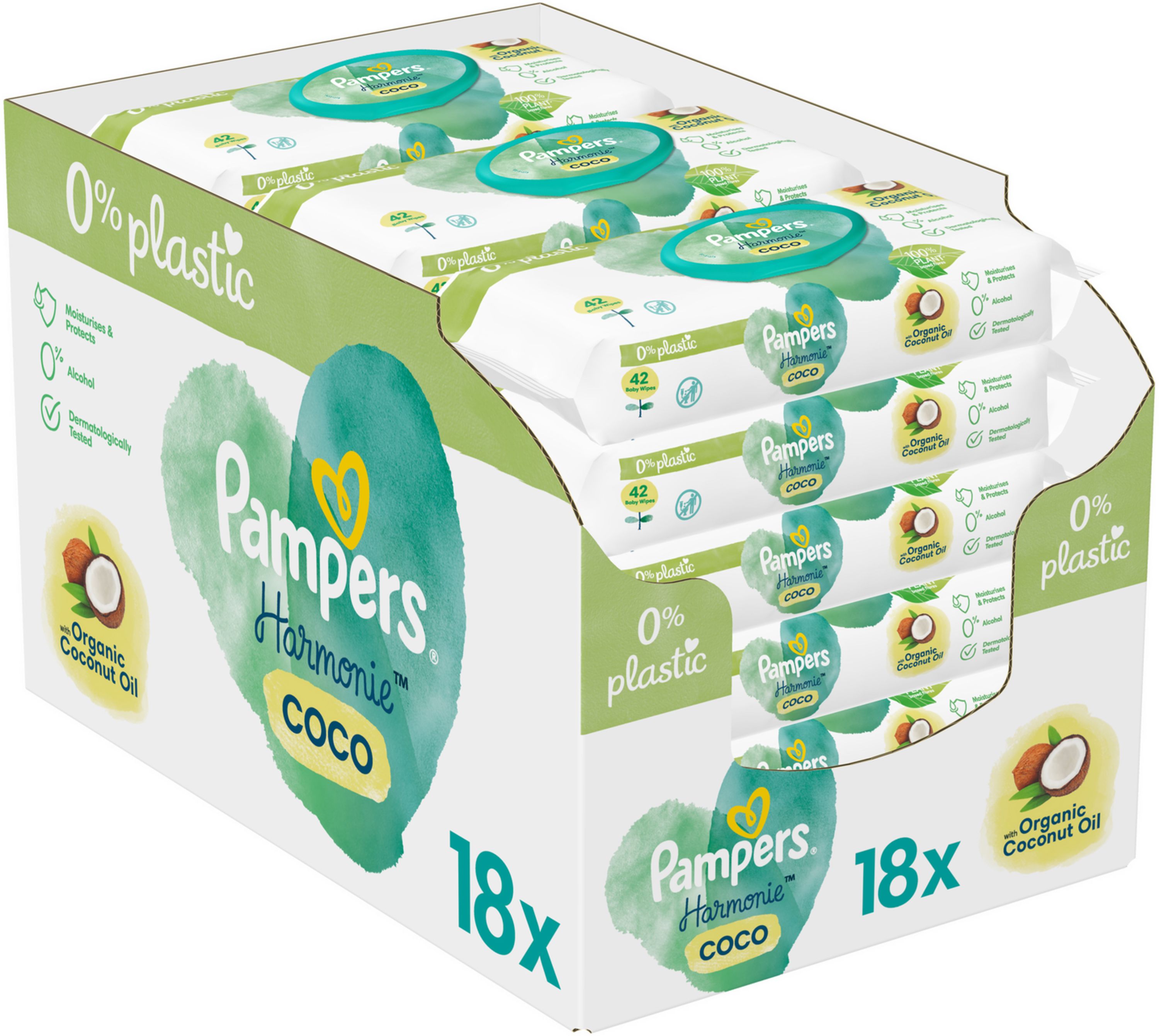Karton mit Pampers Harmonie Coco Feuchttücher. 18 Packungen, jede mit 42 Tüchern. 0% Plastik. Mit Bio-Kokosöl.