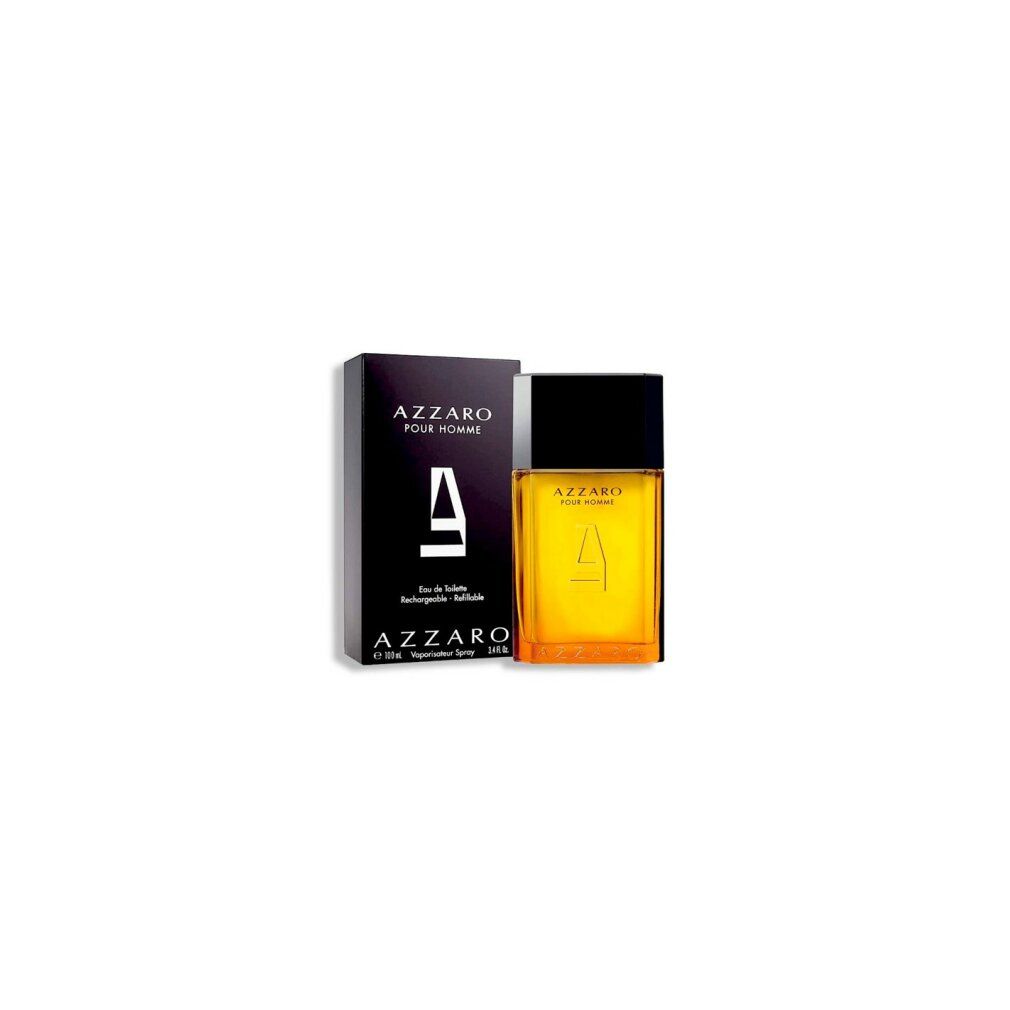 AZZARO POUR HOMME Eau de Toilette Spray. Flakon und Verpackung. Logo und Schriftzug AZZARO.