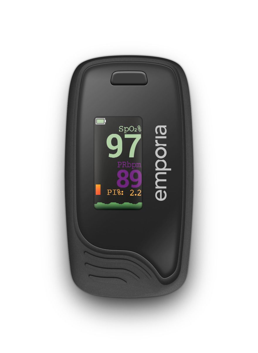 Schwarzes Fingermessgerät mit OLED-Display. Anzeige von Sauerstoffsättigung und Puls. Marke: emporia.