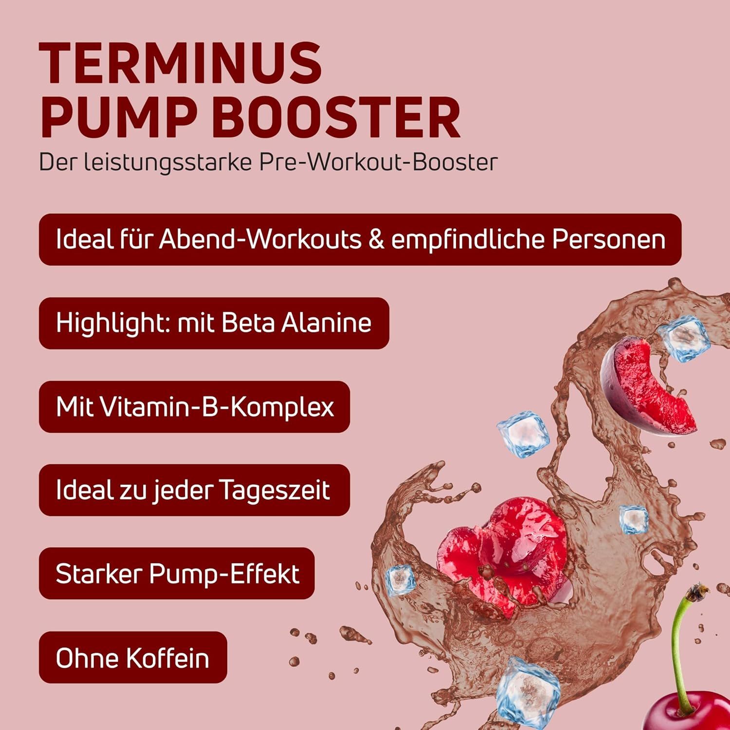 Werbung für Terminus Pump Booster. Roter Hintergrund mit Produktabbildung und Text. Kirschen und Eiswürfel.