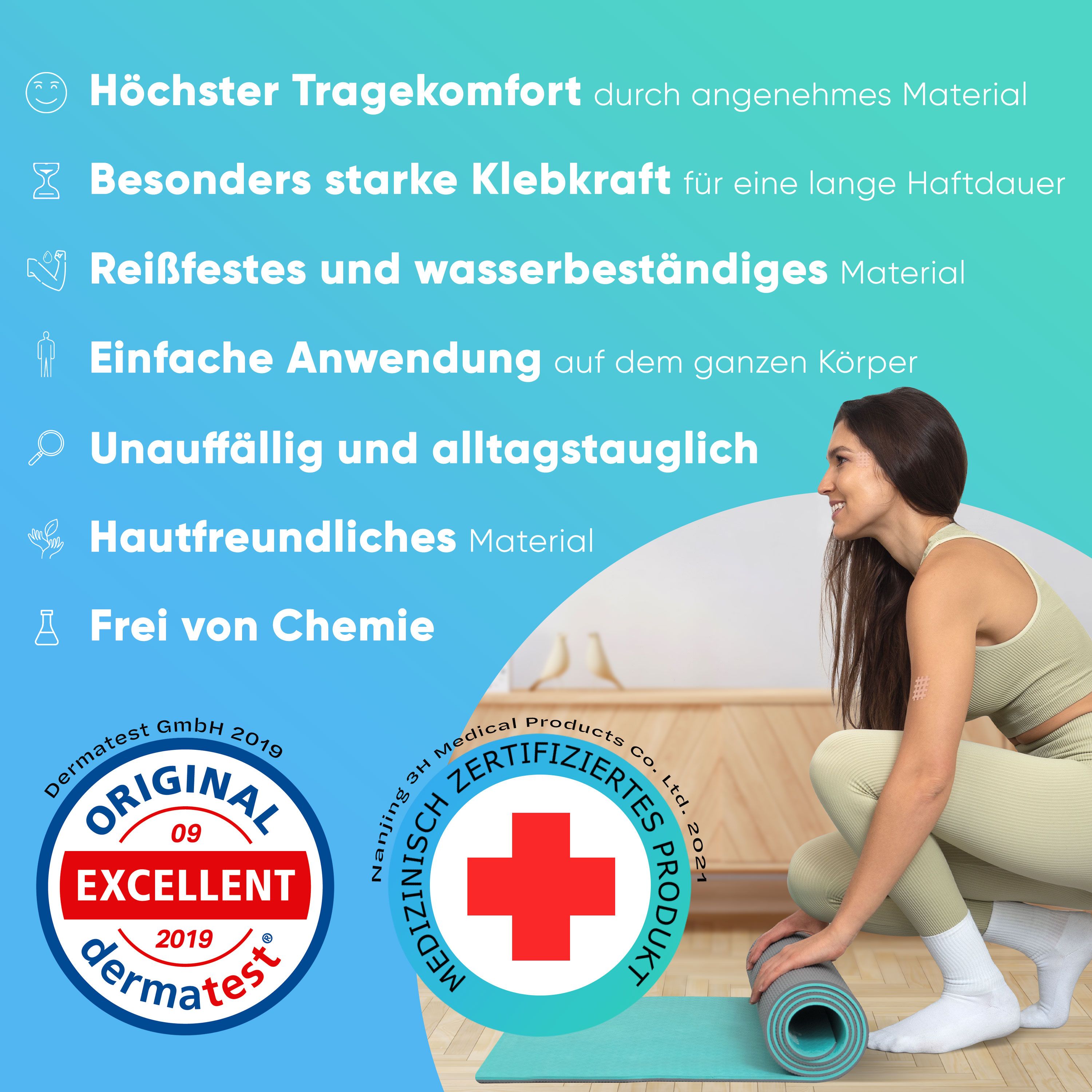 Frau rollt Yogamatte aus. Text: Höchster Tragekomfort, starke Klebekraft, reißfest, wasserbeständig, einfache Anwendung, hautfreundlich, frei von Chemie.