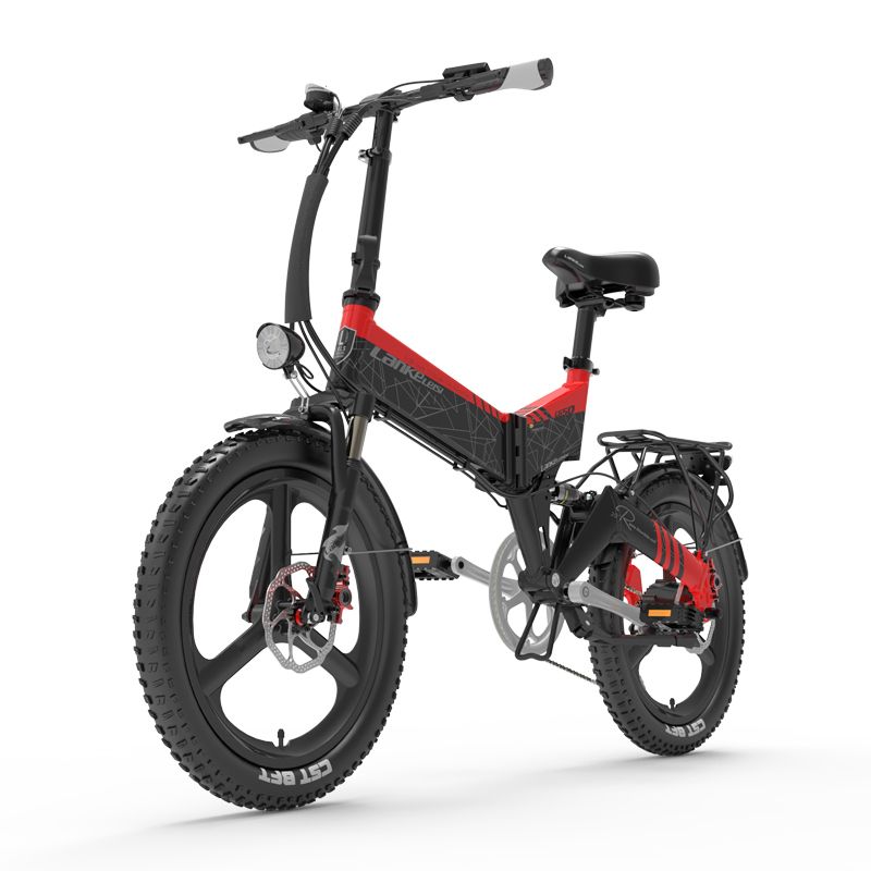 E-Bike, rot-schwarz, mit breiten Reifen. Frontscheinwerfer und Lenker. Ansicht von vorne.