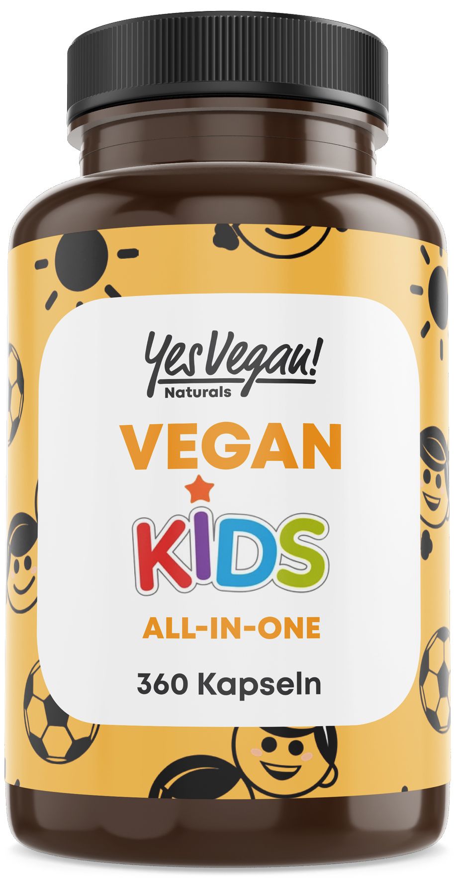Braune Flasche mit gelbem Etikett. Aufschrift: Yes Vegan Naturals, Vegan Kids All-in-One, 360 Kapseln.