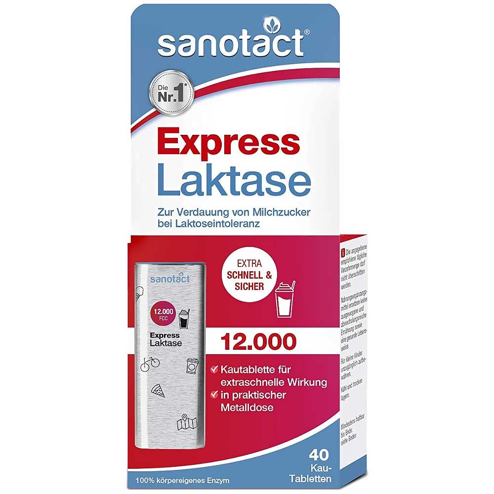 Verpackung von Sanotact Express Laktase. Enthält 40 Kautabletten. Aufschrift: Express Laktase, 12.000, Kautablette für extraschnelle Wirkung.