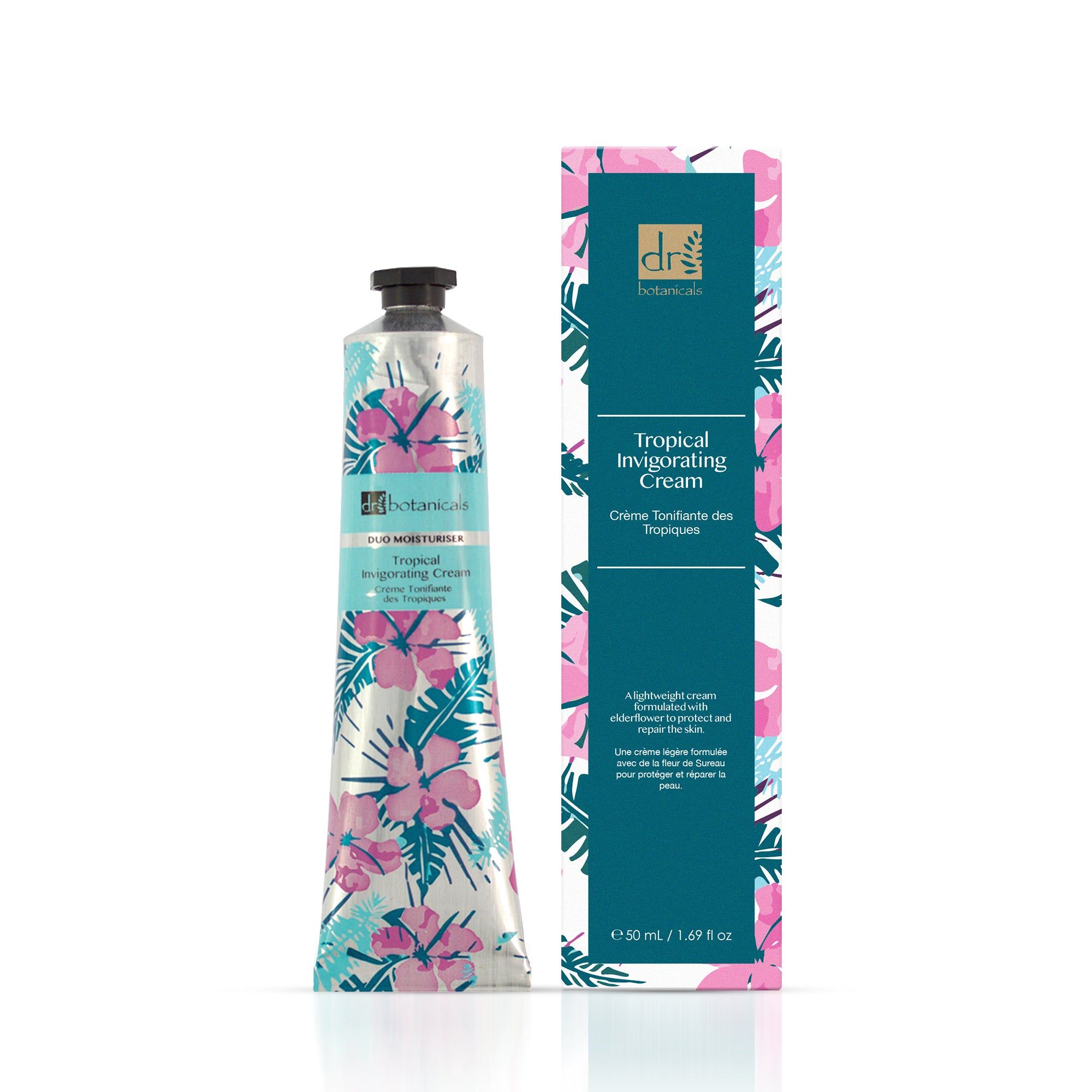 Creme-Tube und Verpackung. Aufschrift: Dr Botanicals Tropical Invigorating Cream. Floralmuster, 50 ml.