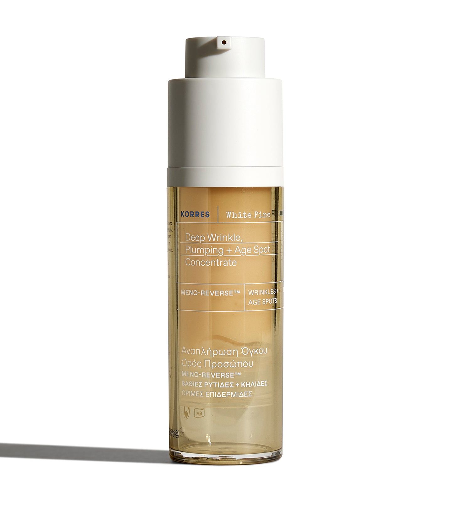 KORRES White Pine Meno Reverse Konzentrat. Transparente Flasche mit weißem Pumpdeckel. Aufschrift: Deep Wrinkle, Plumping + Age Spot Concentrate.