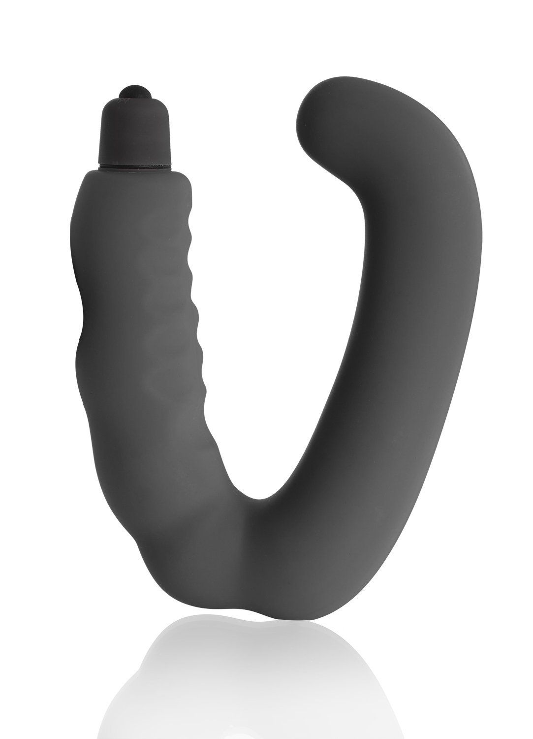 Grauer, U-förmiger Stimulator mit geriffelter Oberfläche und abgerundeter Spitze. Auf weißem Hintergrund.