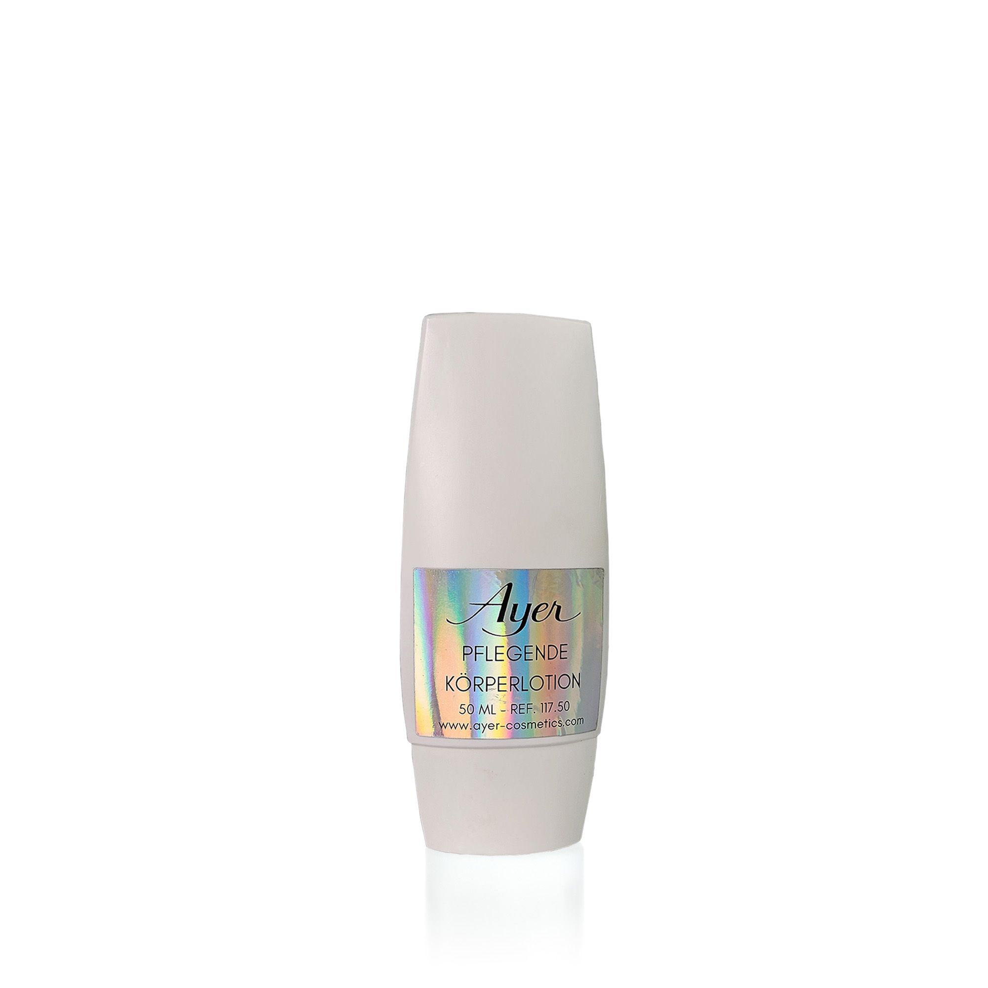 Weiße Körperlotion-Tube. Aufkleber mit Logo und Produktbezeichnung. Text: PFLEGENDE KORPERLOTION. Ref. 117.50.