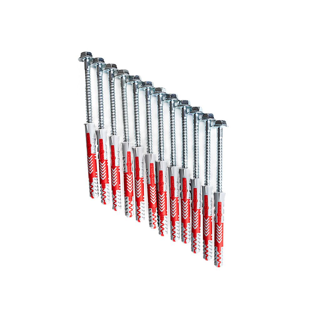 Zwölf Stück Schwerlastdübel mit Schrauben, rot-graues Design.