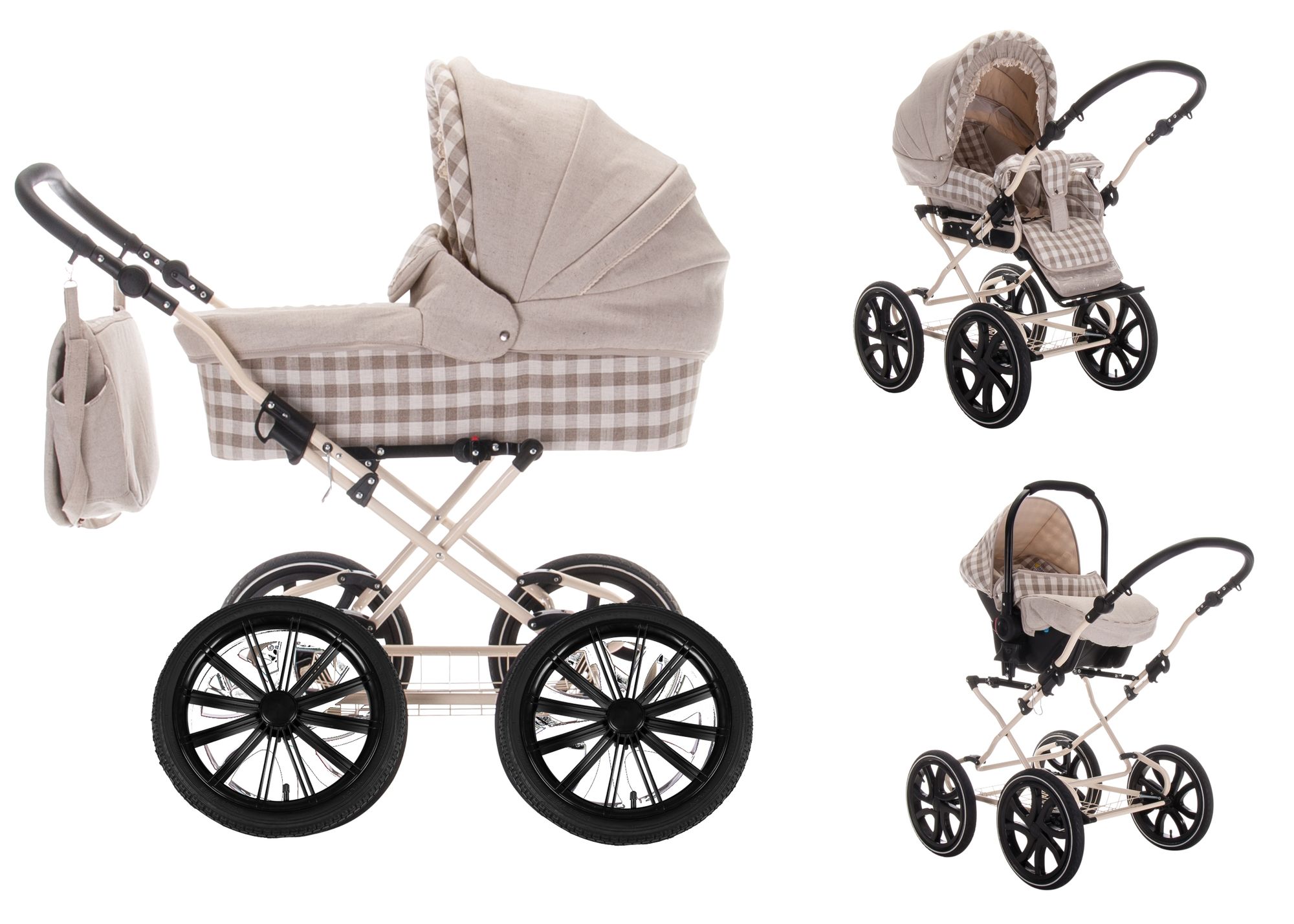 Kinderwagen mit kariertem Stoff, beige. Vier Räder, Tragetasche und Tasche. Nostalgie-Design.