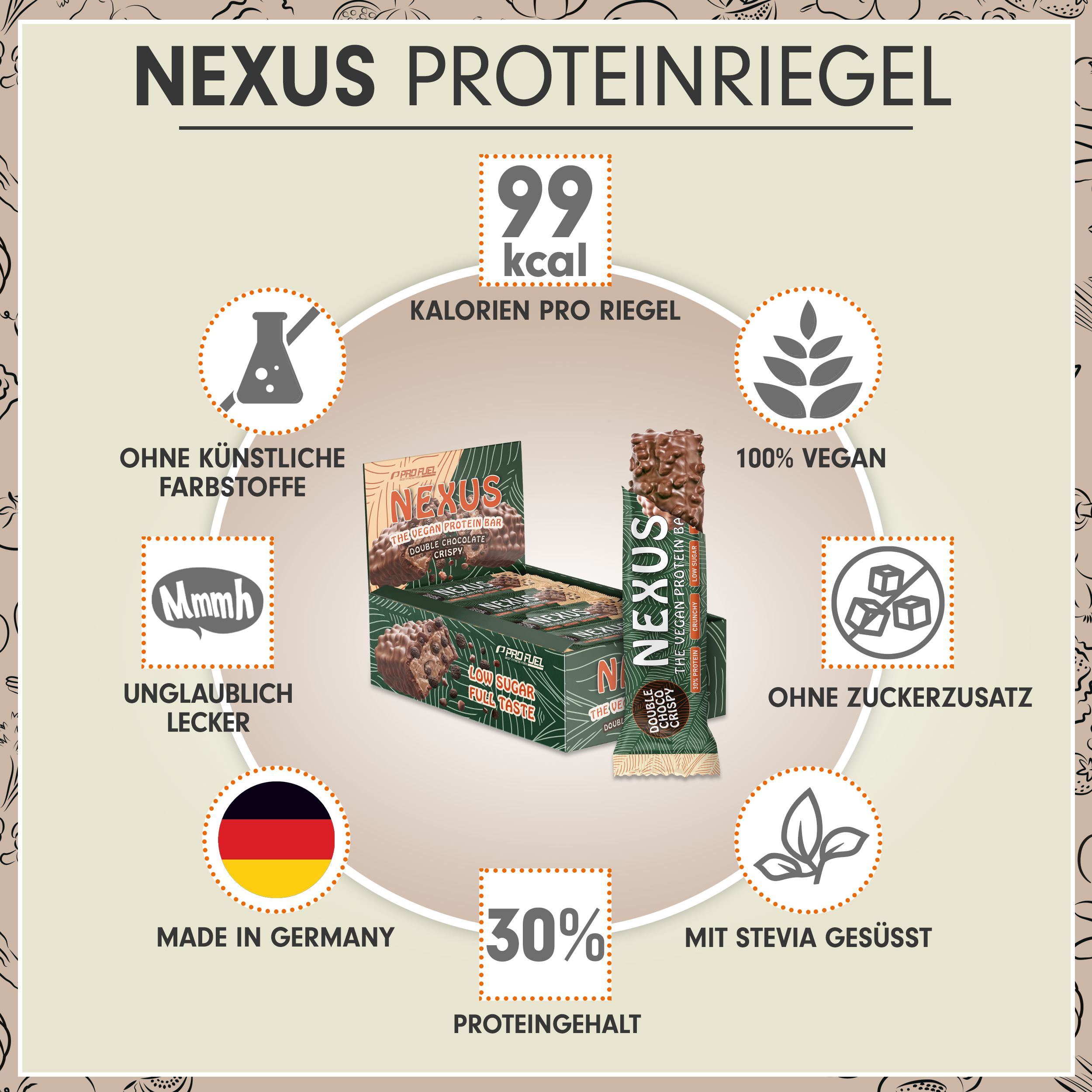 Nexus Proteinriegel: 99 kcal, 100% vegan, ohne Zuckerzusatz, Made in Germany.