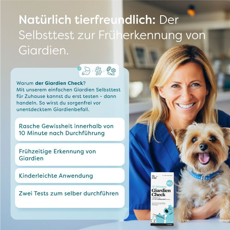 Frau mit Hund und Dr. SAM Giardien Check. Text: Schnelle Gewissheit, Früherkennung, kinderleichte Anwendung, zwei Tests. Produktverpackung sichtbar.