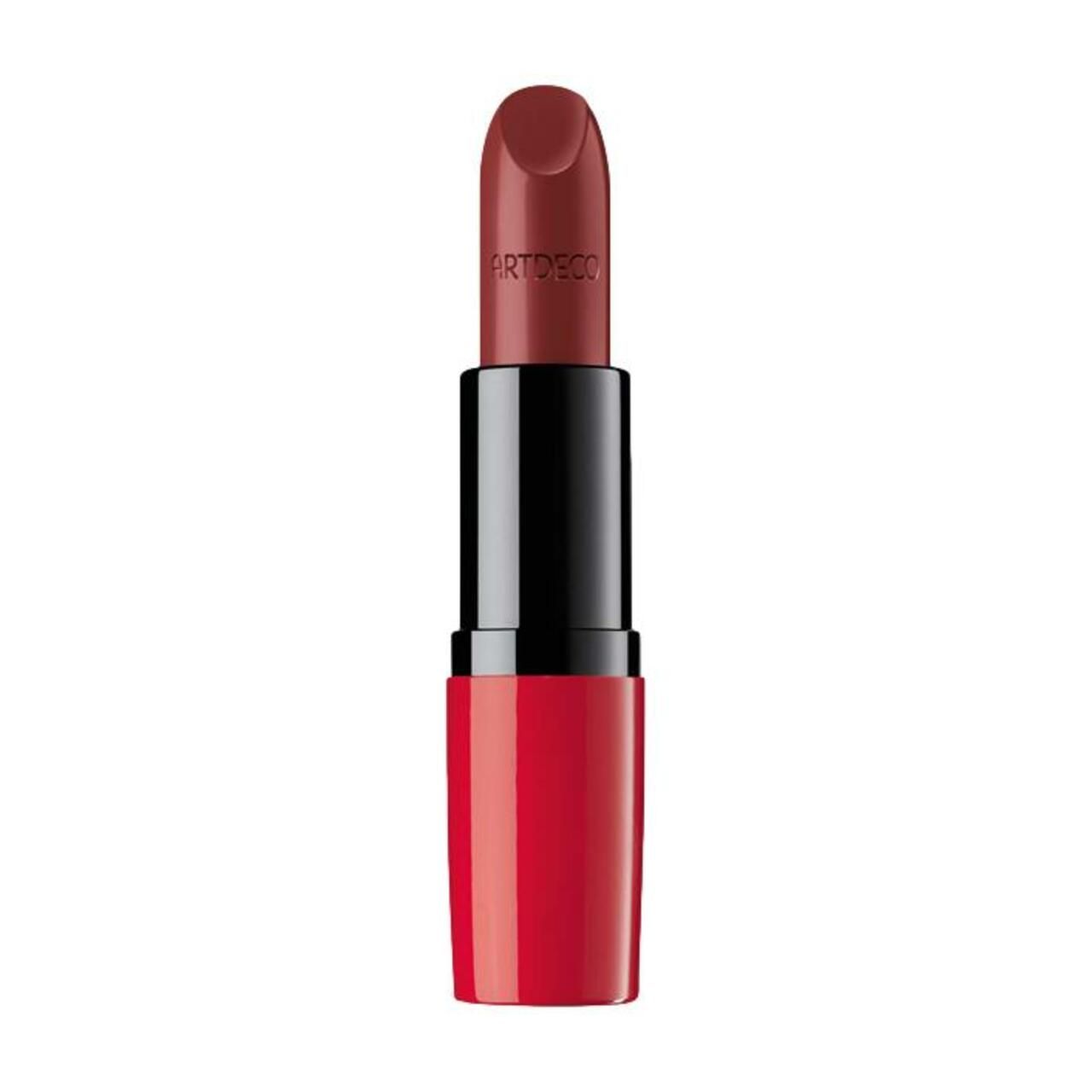 Artdeco Lippenstift, rotbraune Farbe, schwarzer und roter Behälter. Produktname sichtbar.