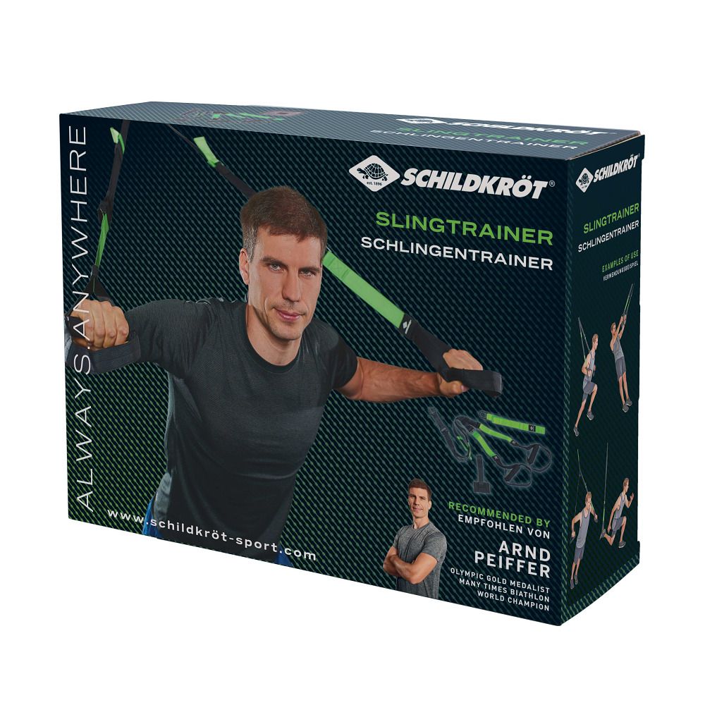 Verpackung des Schildkröt® Schlingentrainers mit Abbildung eines Mannes im Training und Produktinformationen.