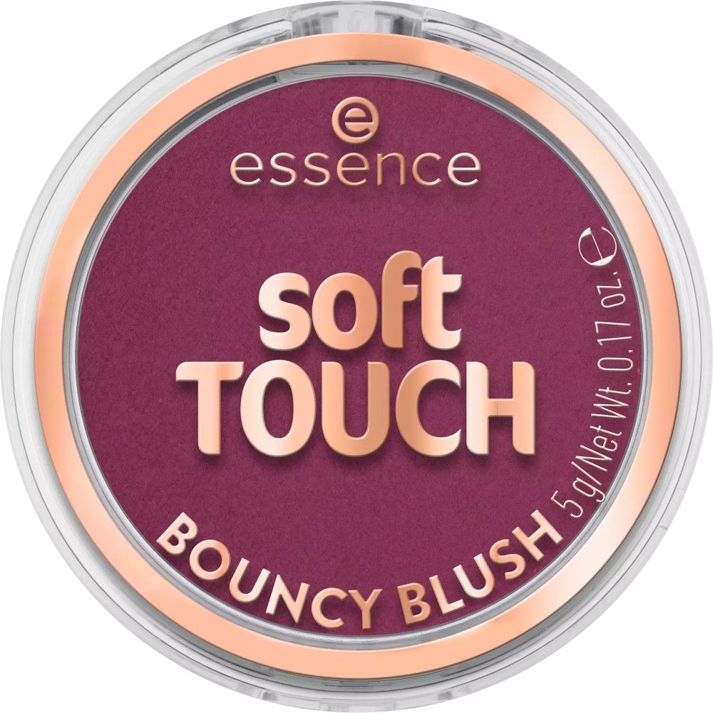 Runder Rouge-Behälter mit Deckel. Aufschrift: essence, soft TOUCH, Bouncy Blush. Farbe: Pink. Nettogewicht: 5 g / 0,17 oz.