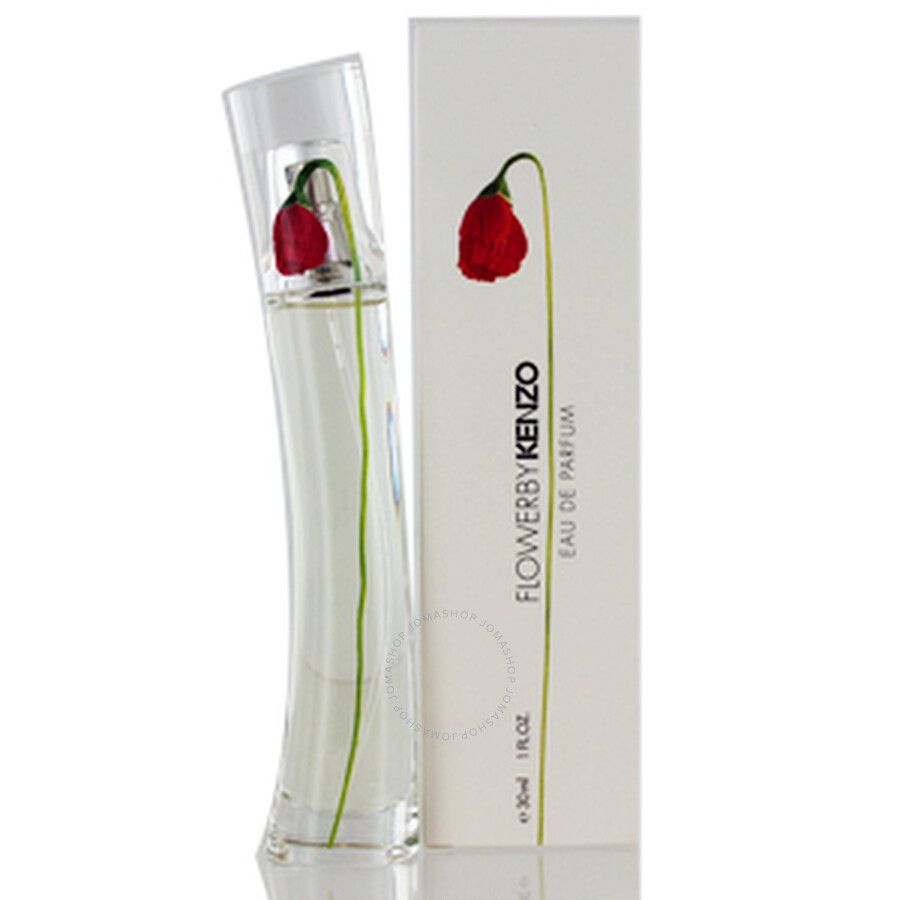 Parfümflasche und Verpackung. Flasche mit roter Blume und grünem Stiel. Verpackung mit Logo und Blume.
