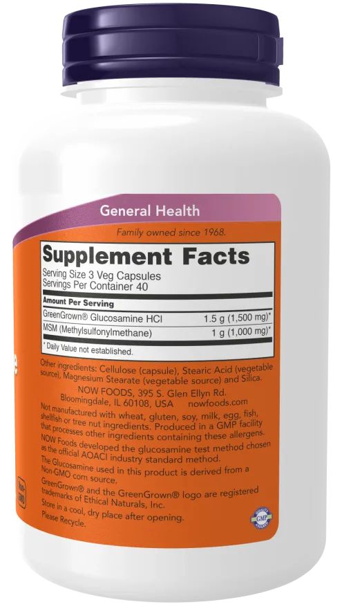 Rückseite einer weißen Flasche. Etikett mit Nährwertangaben und Inhaltsstoffen. Marke: NOW. Text: Supplement Facts.