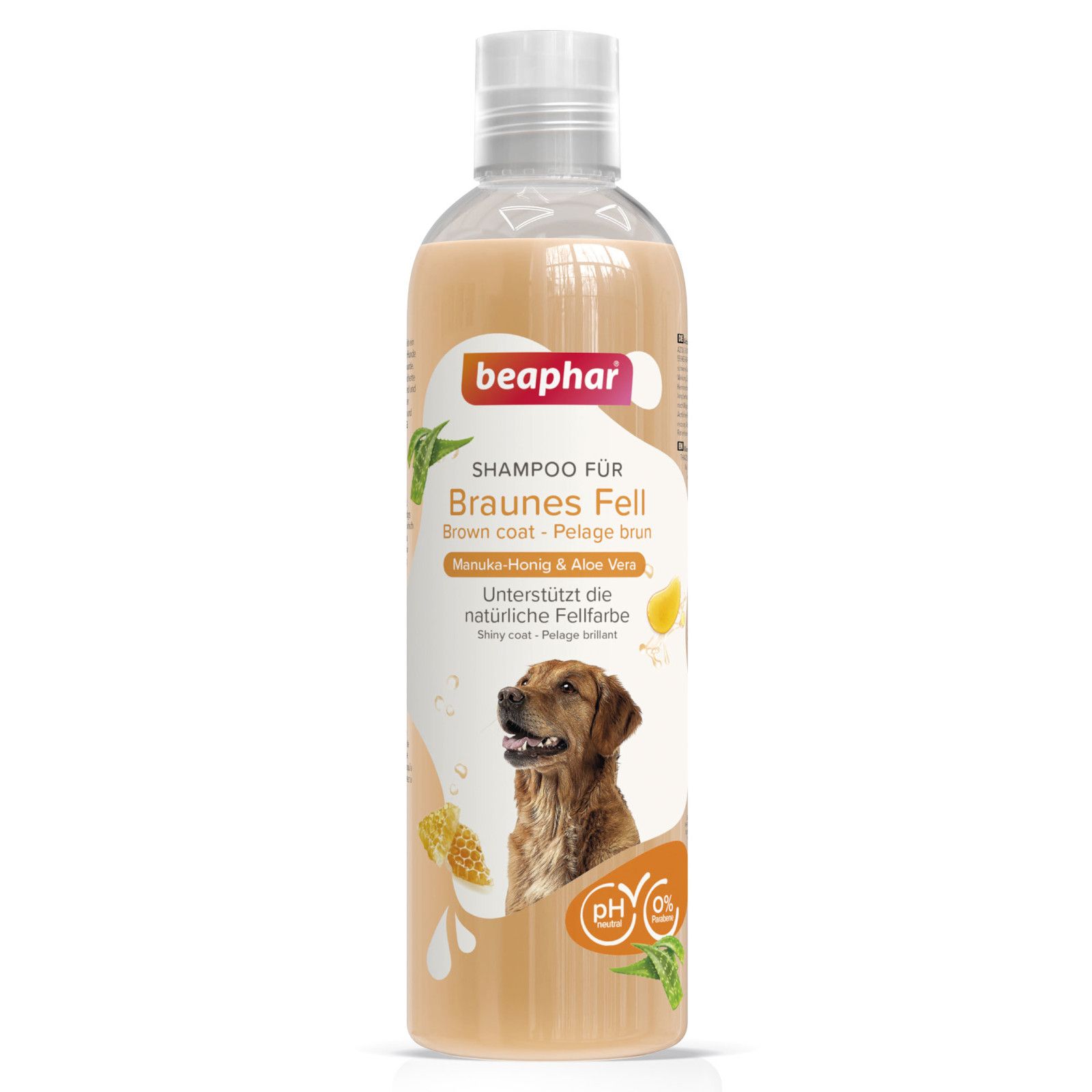 Beaphar Shampoo für braunes Fell. Flasche mit Produktabbildung und Text: Manuka-Honig & Aloe Vera. pH-neutral, 0% Parabene.