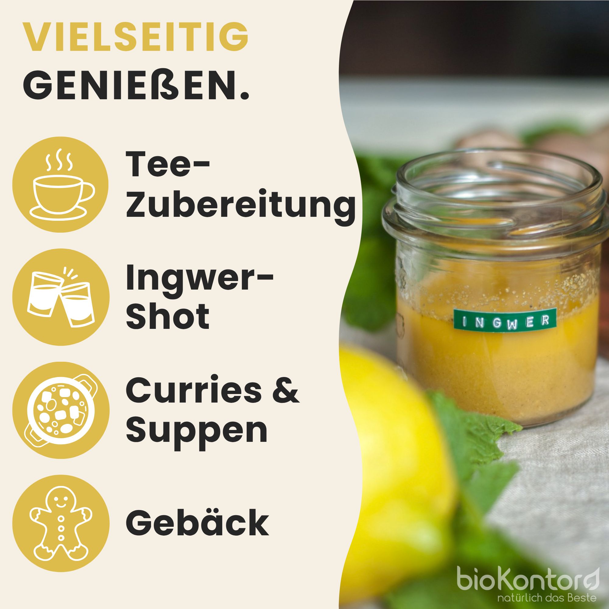 Vielseitig genießen: Tee, Ingwer-Shot, Currys, Suppen, Gebäck. Mit Glas Ingwerpulver.