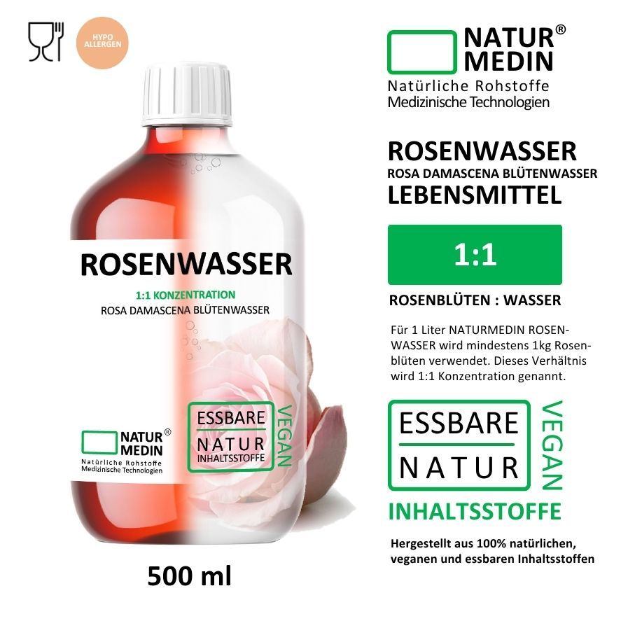 Flasche Rosenwasser, 500 ml. Aufschrift: Rosenwasser, 1:1 Konzentration, Rosa Damascena Blütenwasser. Vegan, essbare Natur-Inhaltsstoffe.