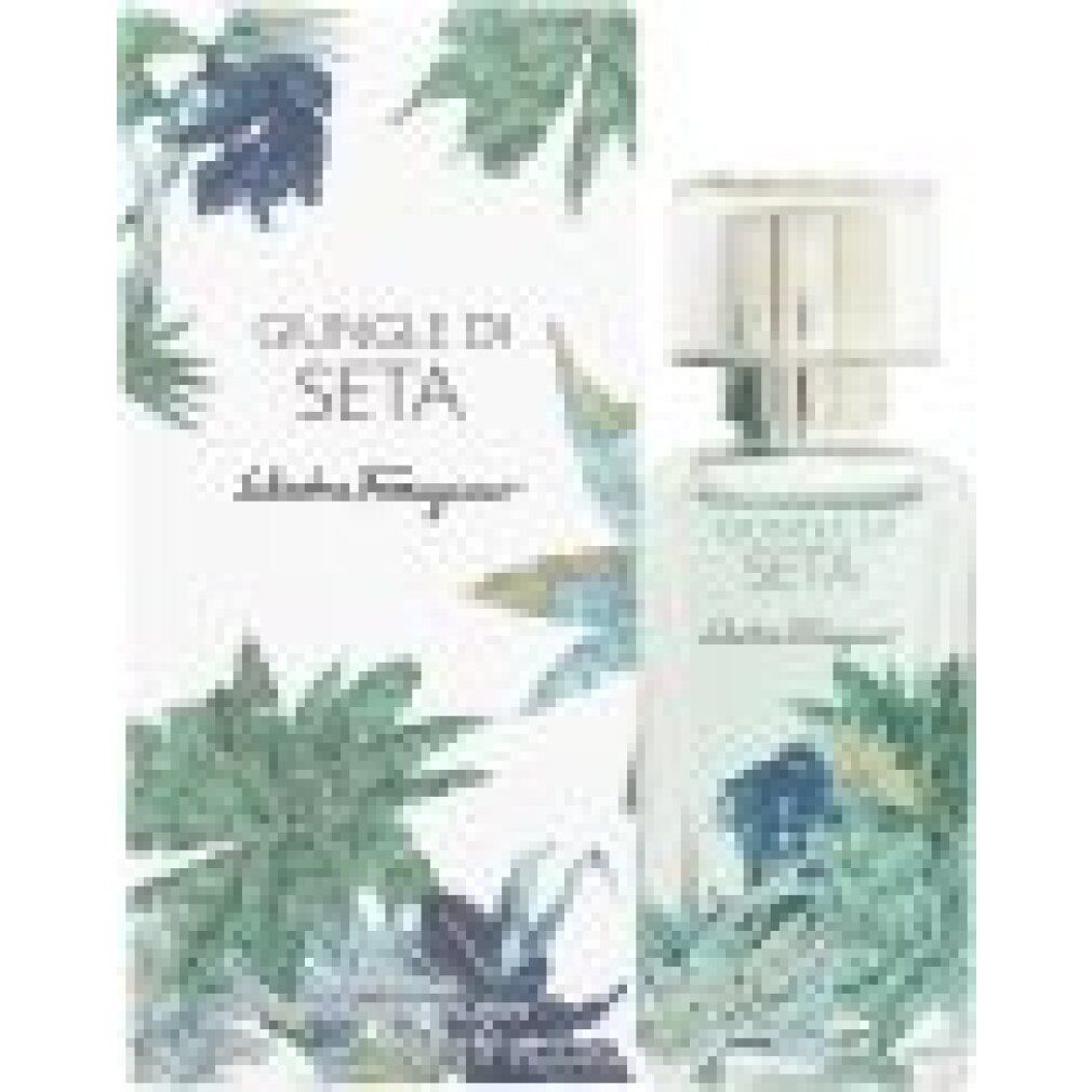 Salvatore Ferragamo Giungle di Seta Eau de Parfum Flakon und Verpackung mit botanischem Motiv.