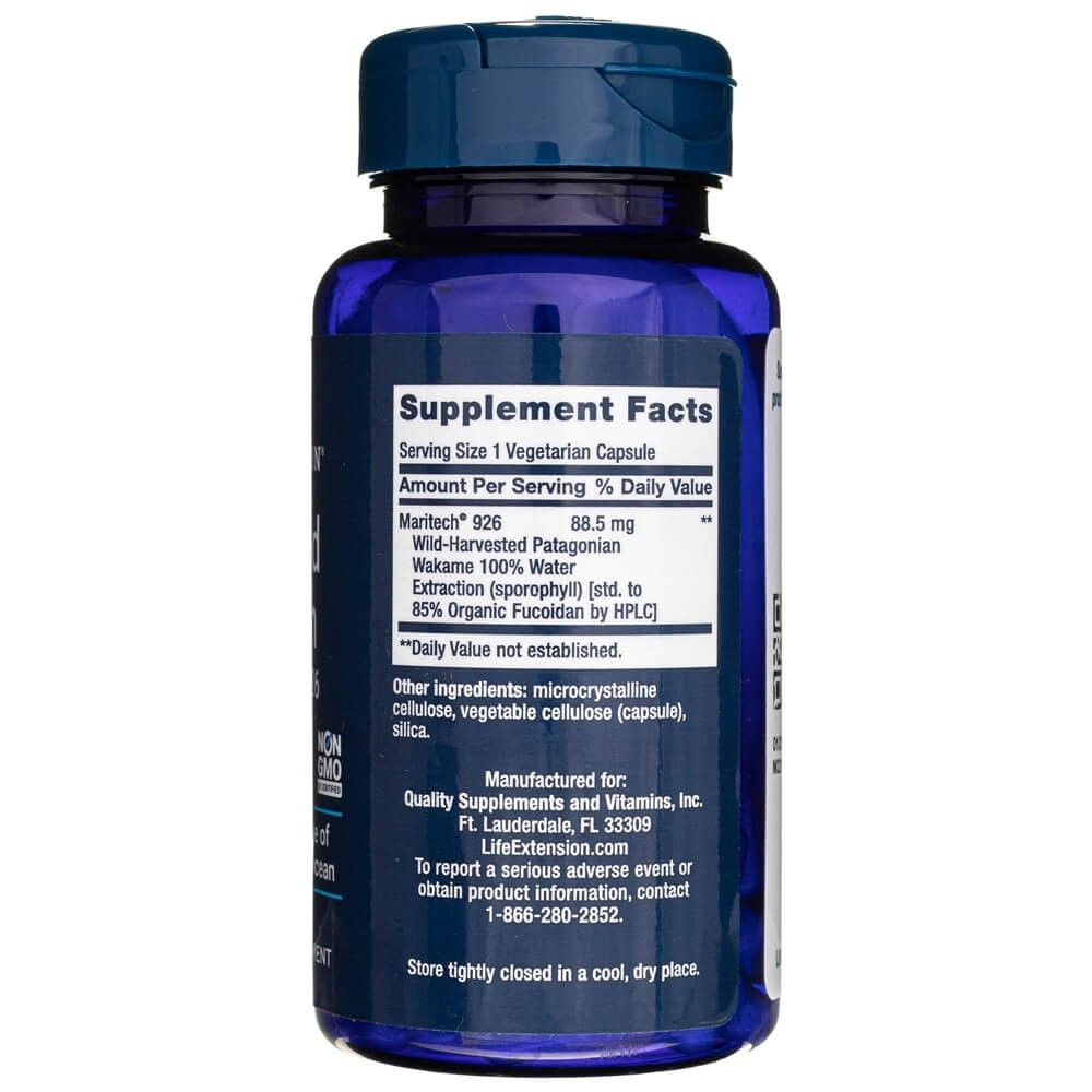 Rückseite des blauen Behälters mit Life Extension Optimized Fucoidan. Zeigt Nährwertangaben und Inhaltsstoffe.