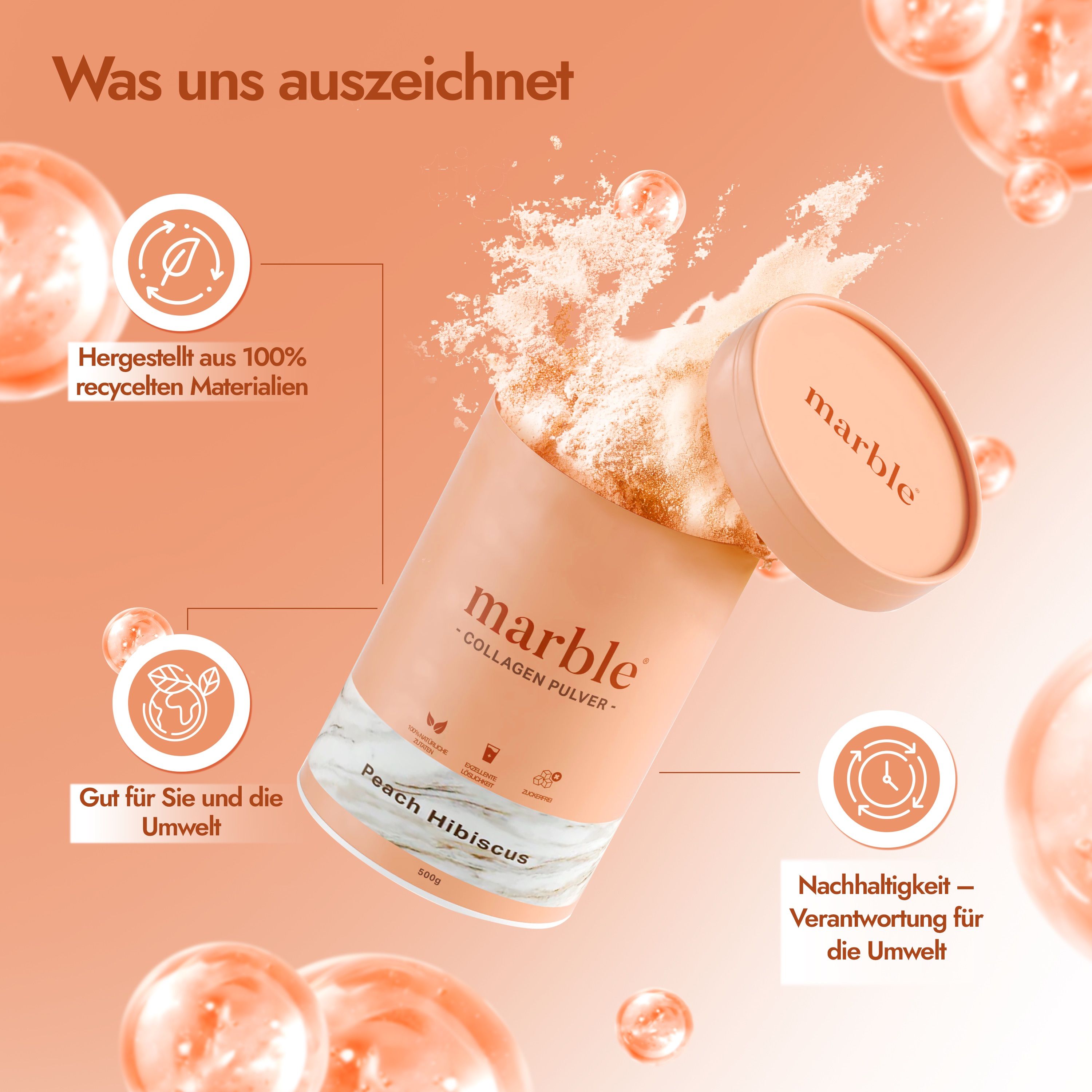 Geöffnete Dose marble Collagen Pulver, Pfirsich Hibiskus. Text: Hergestellt aus 100% recycelten Materialien.