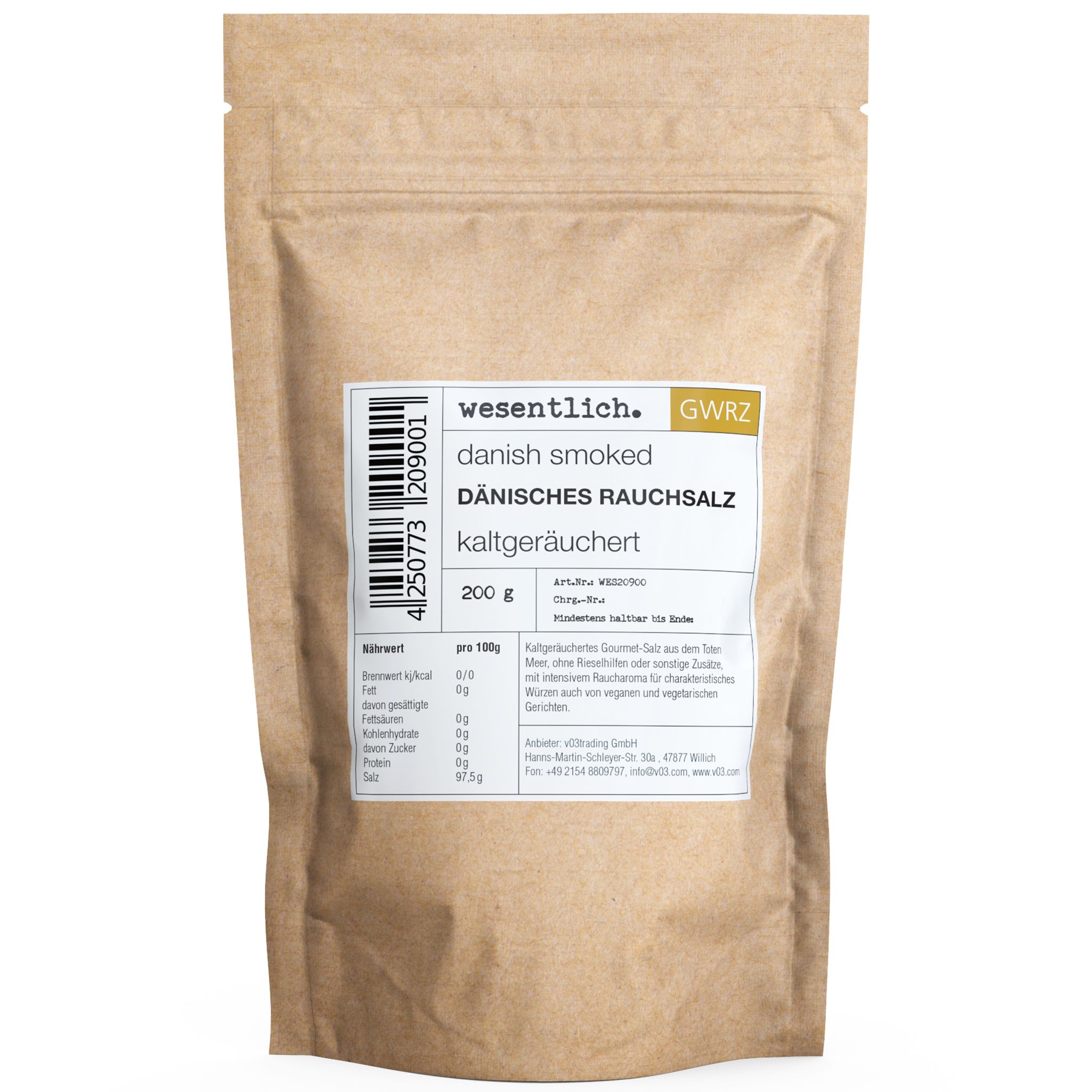 Beutel mit Dänischem Rauchsalz. Aufschrift: wesentlich. und Produktinformationen. 200g Packung.