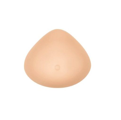 Brustprothese, hautfarben, tropfenförmig. Mit einer kleinen, runden Vertiefung. Glatte Oberfläche.