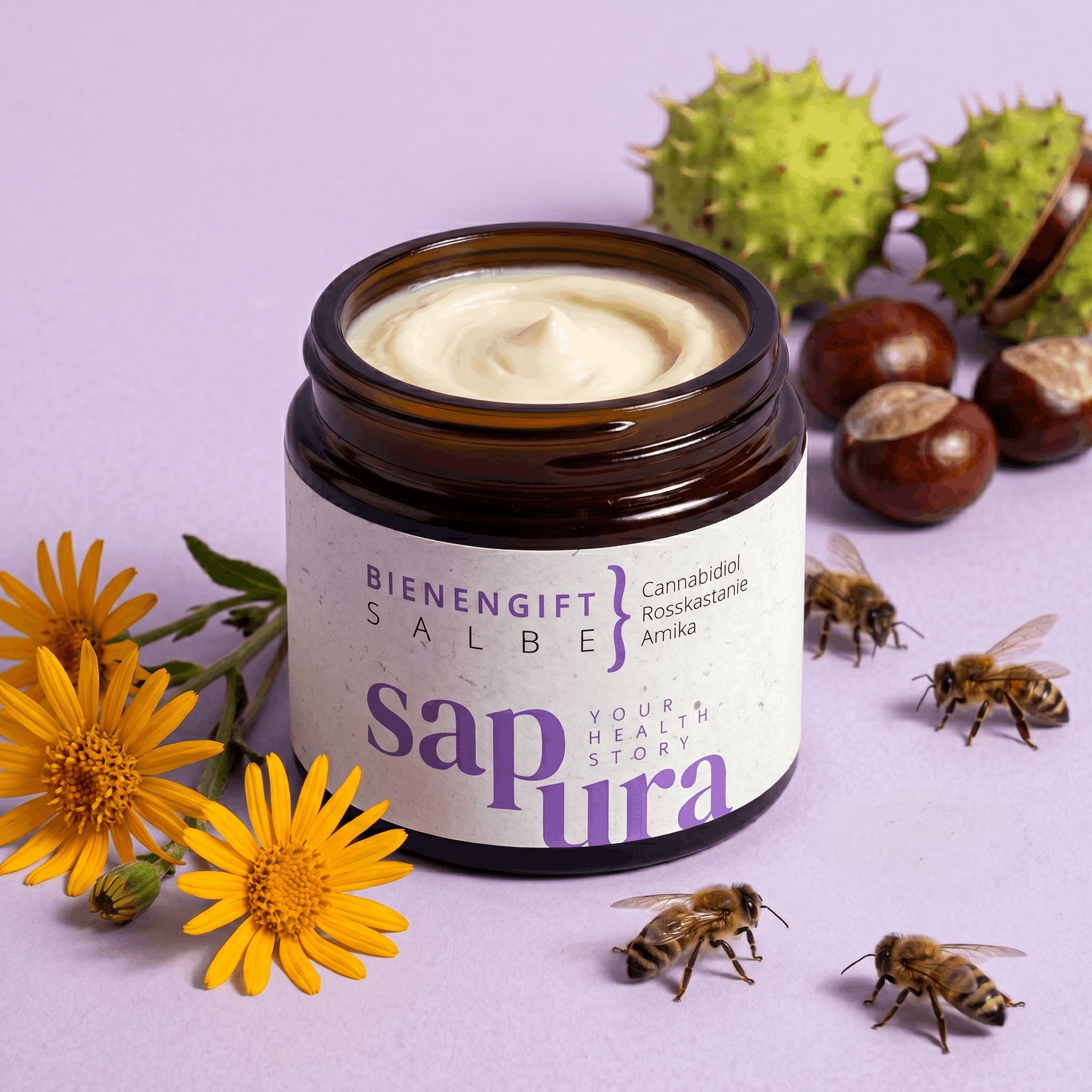 Cremetiegel auf lila Untergrund mit Bienen, Blüten und Rosskastanien.