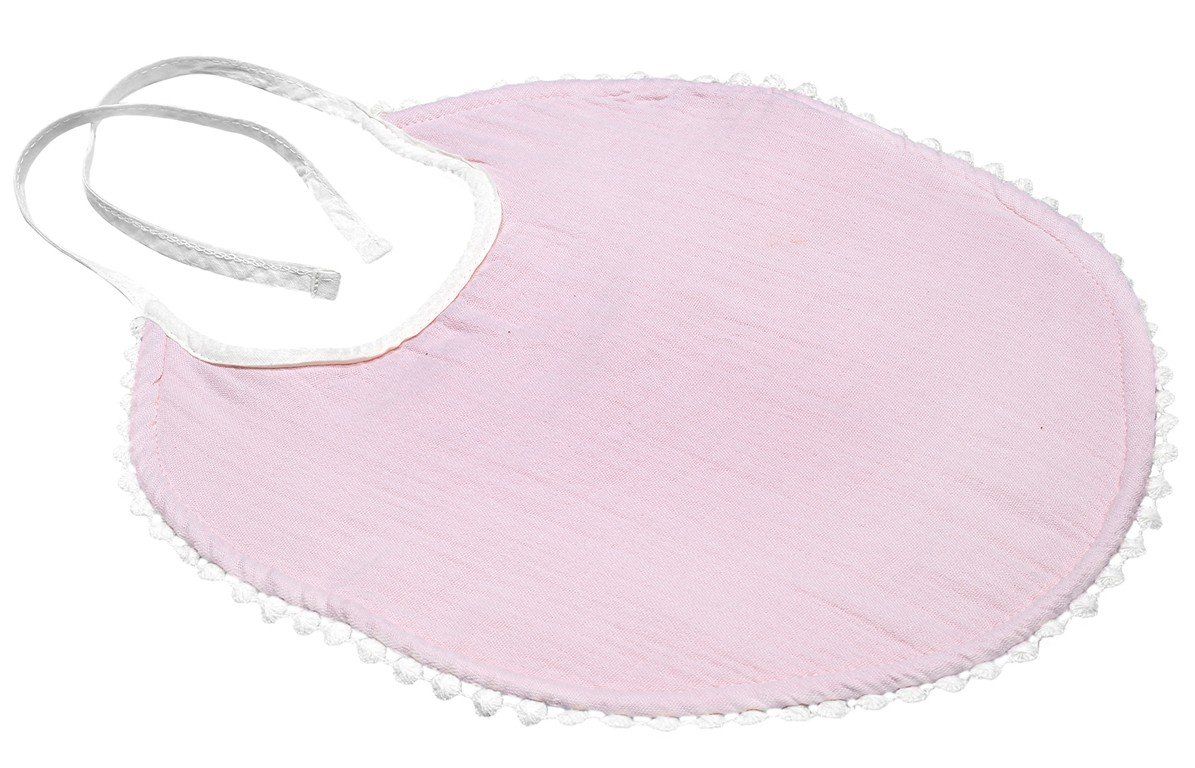 Rosa Lätzchen mit weißer Spitze und Bindebändern. Runde Form.