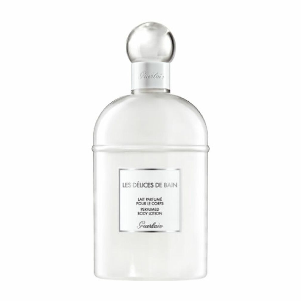 Weiße Flasche mit transparentem Verschluss. Aufschrift: Les Delices de Bain, Lait parfumé pour le corps, Body Lotion. Marke: Guerlain.